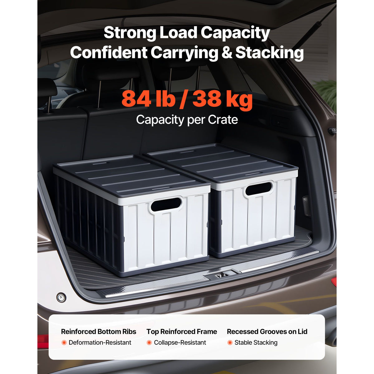 Plastic Collapsible Storage Bins with Lids, 65L 2 Packs, Stackable Folding Storage Crates with Handles, Holds 38 kg Per Bin, Heavy Duty Containers, Space-Saving Baskets, for Home Organizing