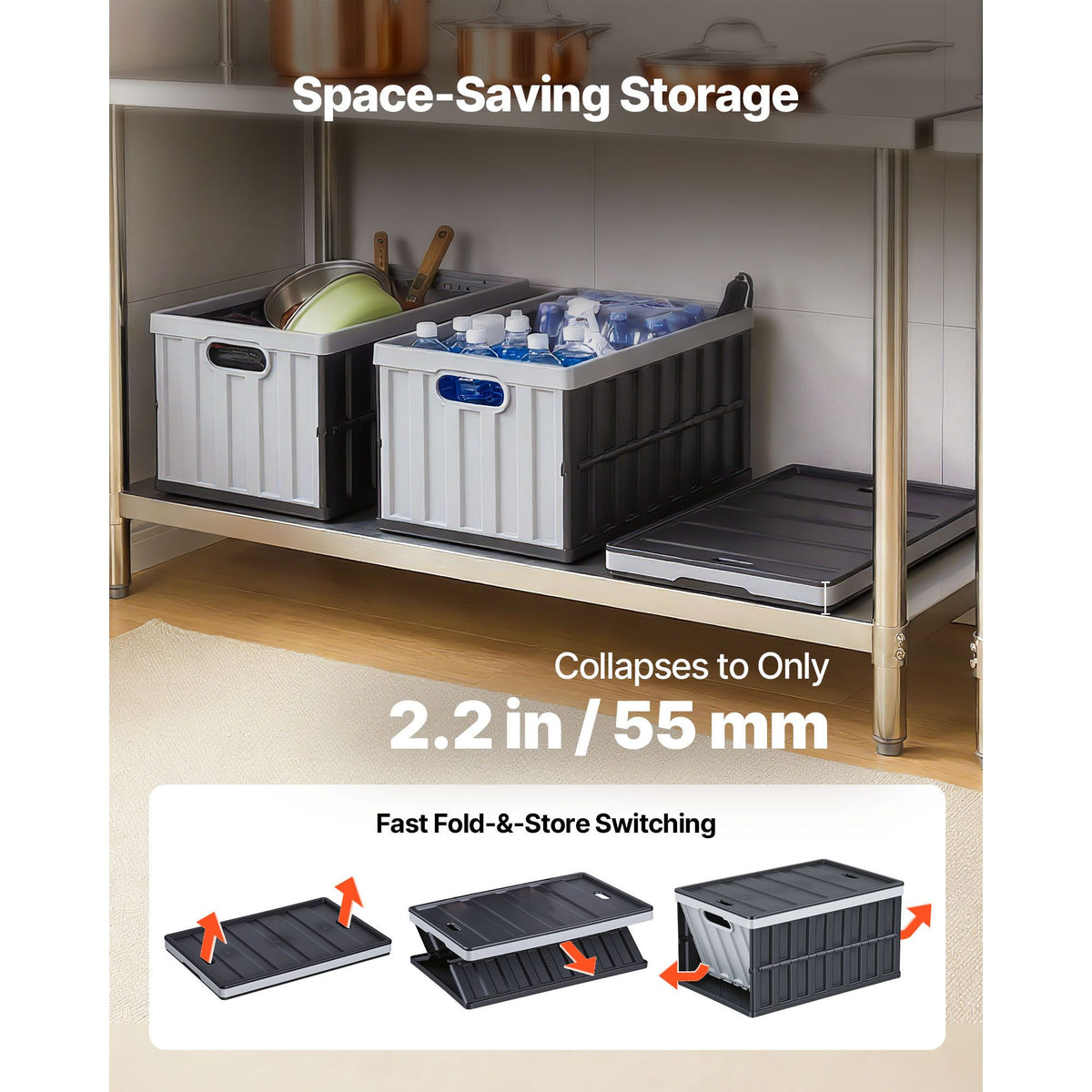 Plastic Collapsible Storage Bins with Lids, 65L 2 Packs, Stackable Folding Storage Crates with Handles, Holds 38 kg Per Bin, Heavy Duty Containers, Space-Saving Baskets, for Home Organizing