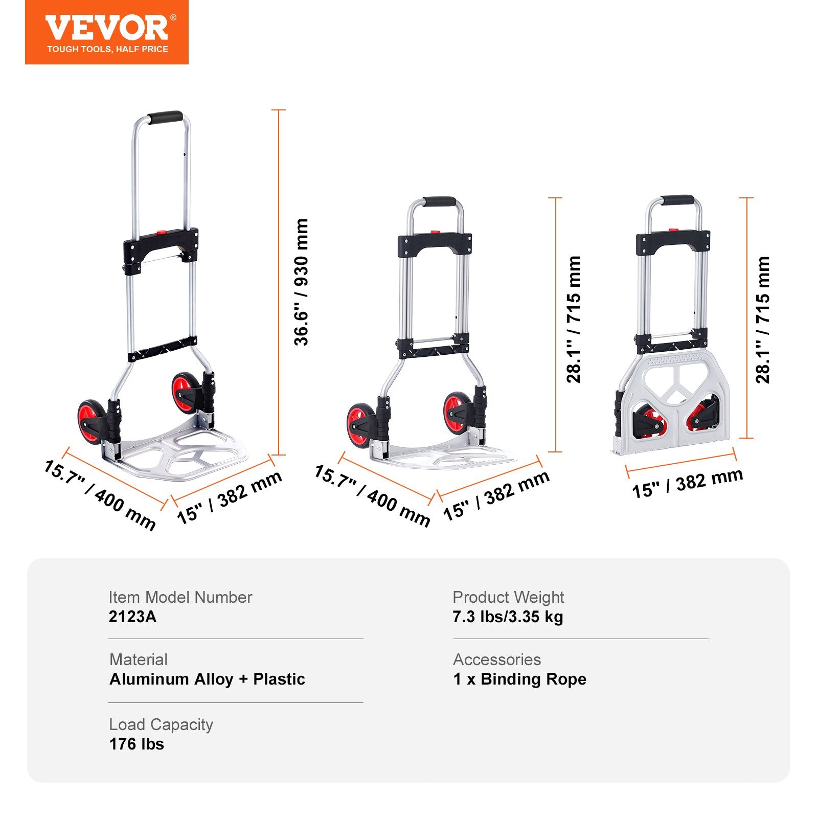Drums: VEVOR Folding Hand Truck, 80 kg Load Capacity, Aluminum Portable Cart, Convertible Hand Truck and Dolly with Telescoping Handle and Rubber Wheels, Ultra Lightweight Super Strong for Moving Warehouse