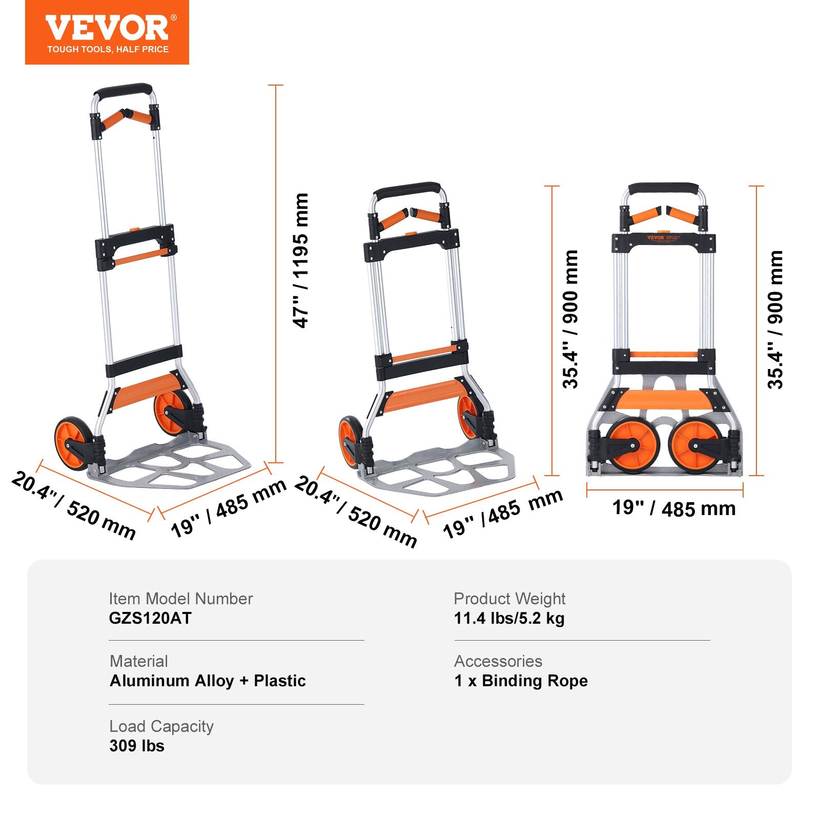 Folding Hand Truck, 140 kg Load Capacity, Aluminum Portable Cart, Convertible Hand Truck and Dolly with Telescoping Handle and PP+TPR Wheels, Ultra Lightweight Super Strong for Moving Warehouse