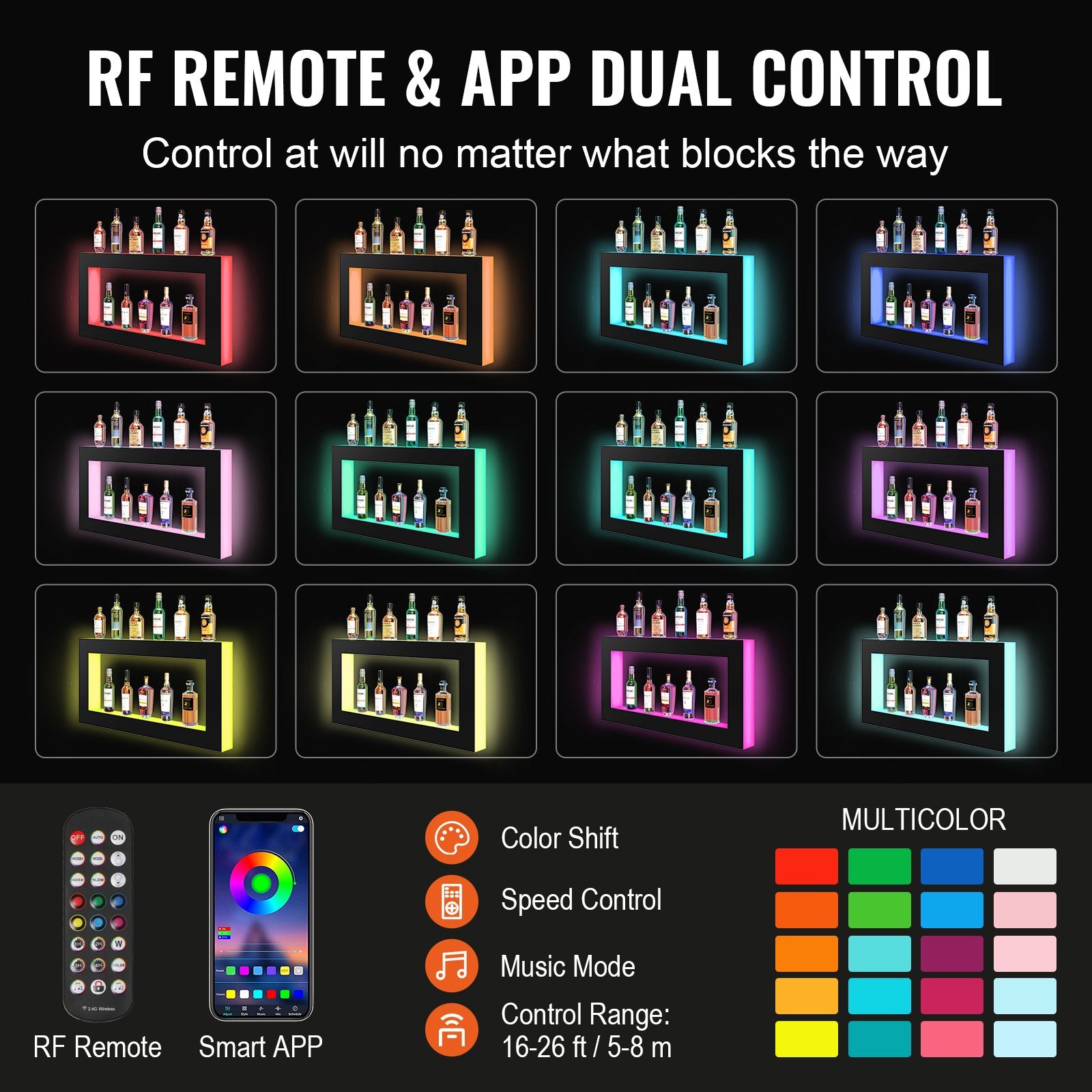 Computer Monitors & Accessories: VEVOR LED Lighted Liquor Bottle Display Bar Shelf RF & App Control 1210 mm