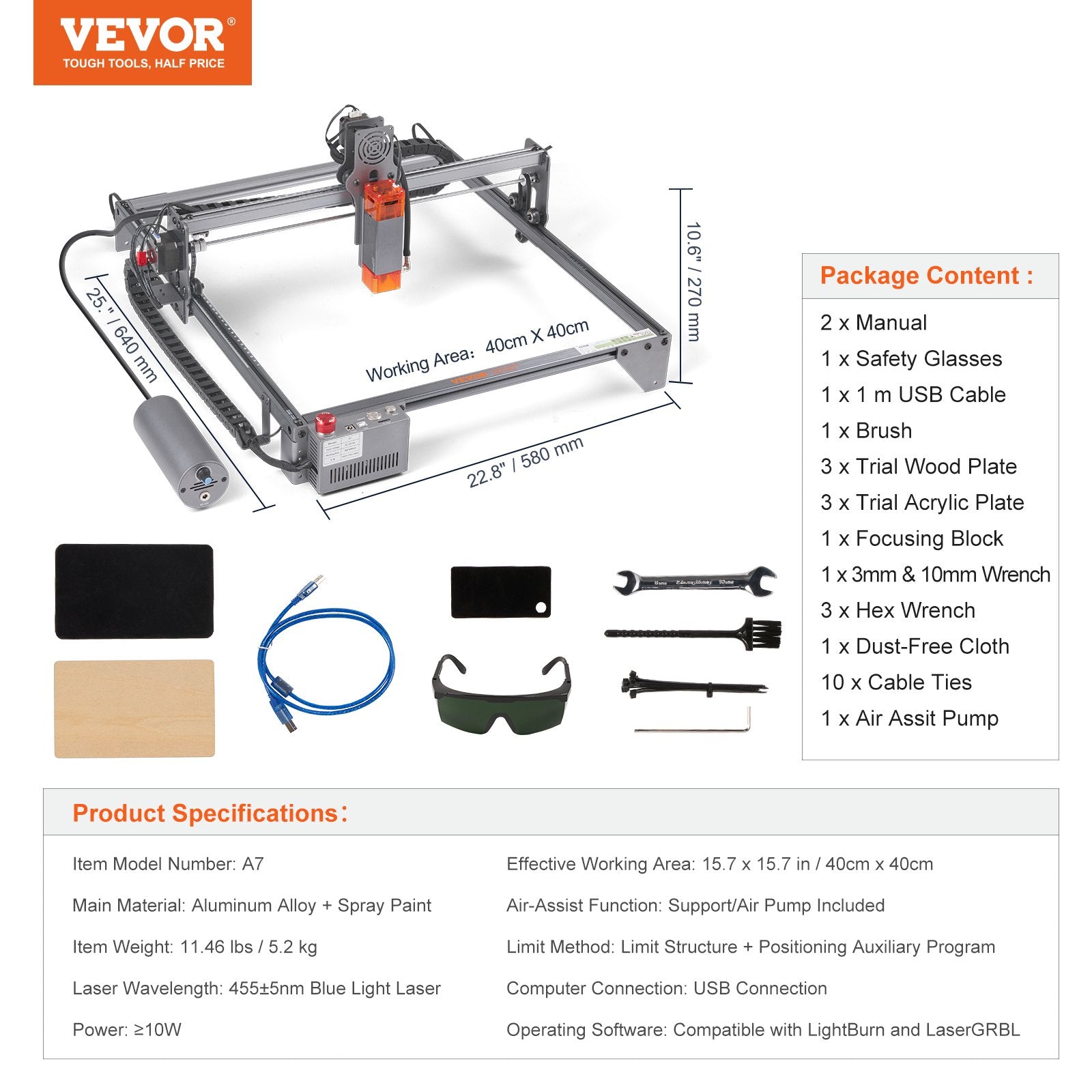 Hand Tools: VEVOR Laser Engraver, 10W Output Laser Engraving Machine, 15.7" x 15.7" Large Working Area, 10000mm/min Movement Speed, Compressed Spot with Eye Protection, Laser Cutter for Wood, Metal, Acrylic