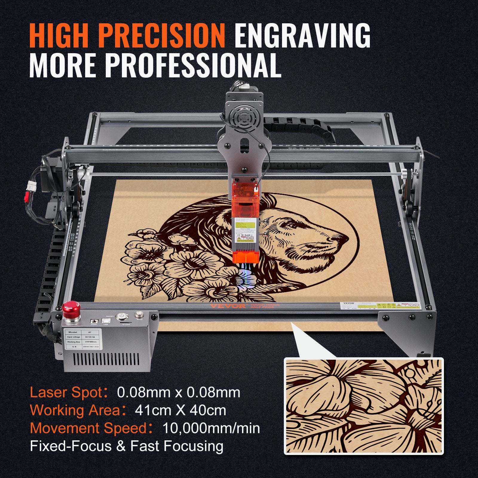 Hand Tools: VEVOR Laser Engraver, 5W Output Laser Engraving Machine, 16.1" x 15.7" Large Working Area, 10000mm/min Movement Speed, Compressed Spot with Eye Protection, Laser Cutter for Wood, Metal, Acrylic