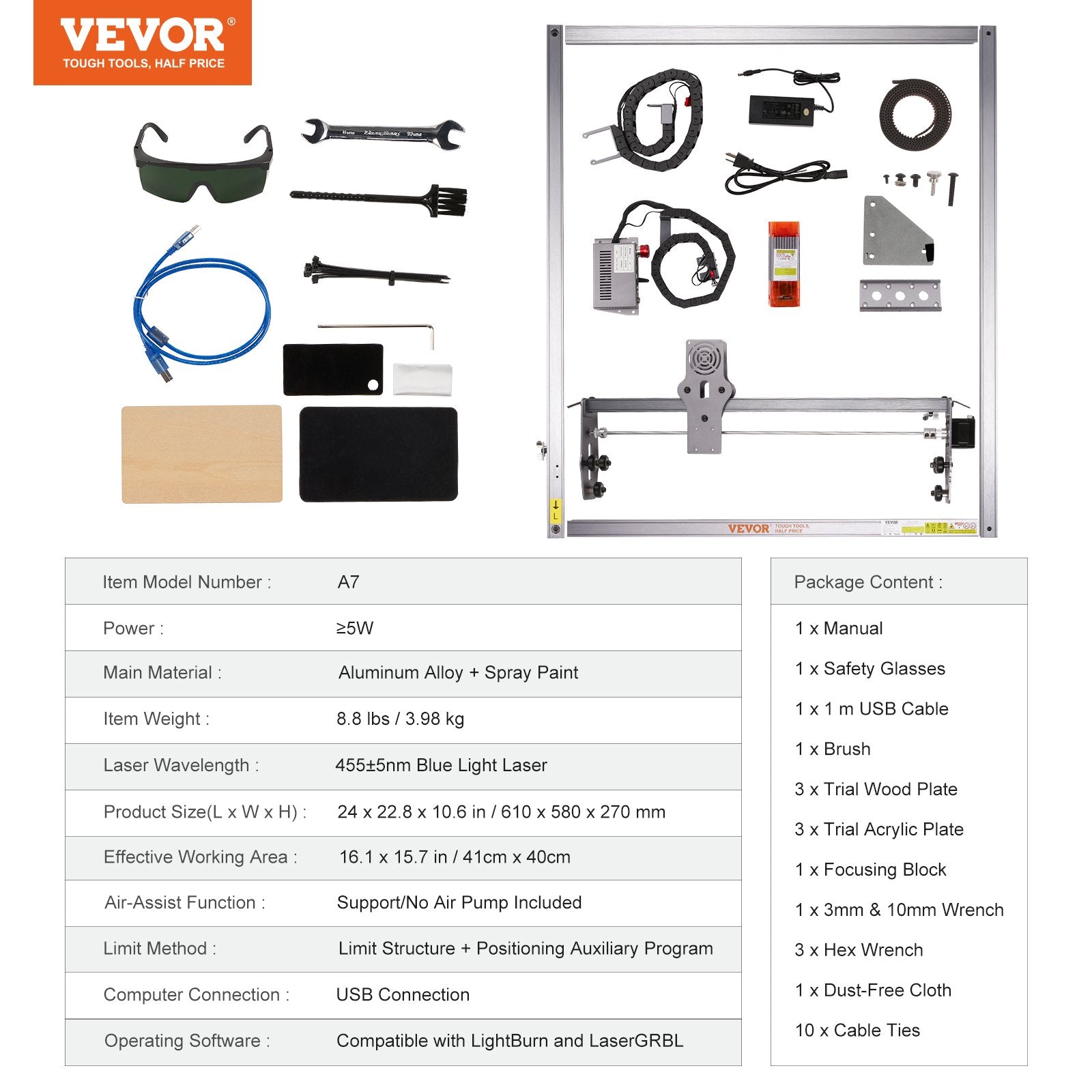 Hand Tools: VEVOR Laser Engraver, 5W Output Laser Engraving Machine, 16.1" x 15.7" Large Working Area, 10000mm/min Movement Speed, Compressed Spot with Eye Protection, Laser Cutter for Wood, Metal, Acrylic