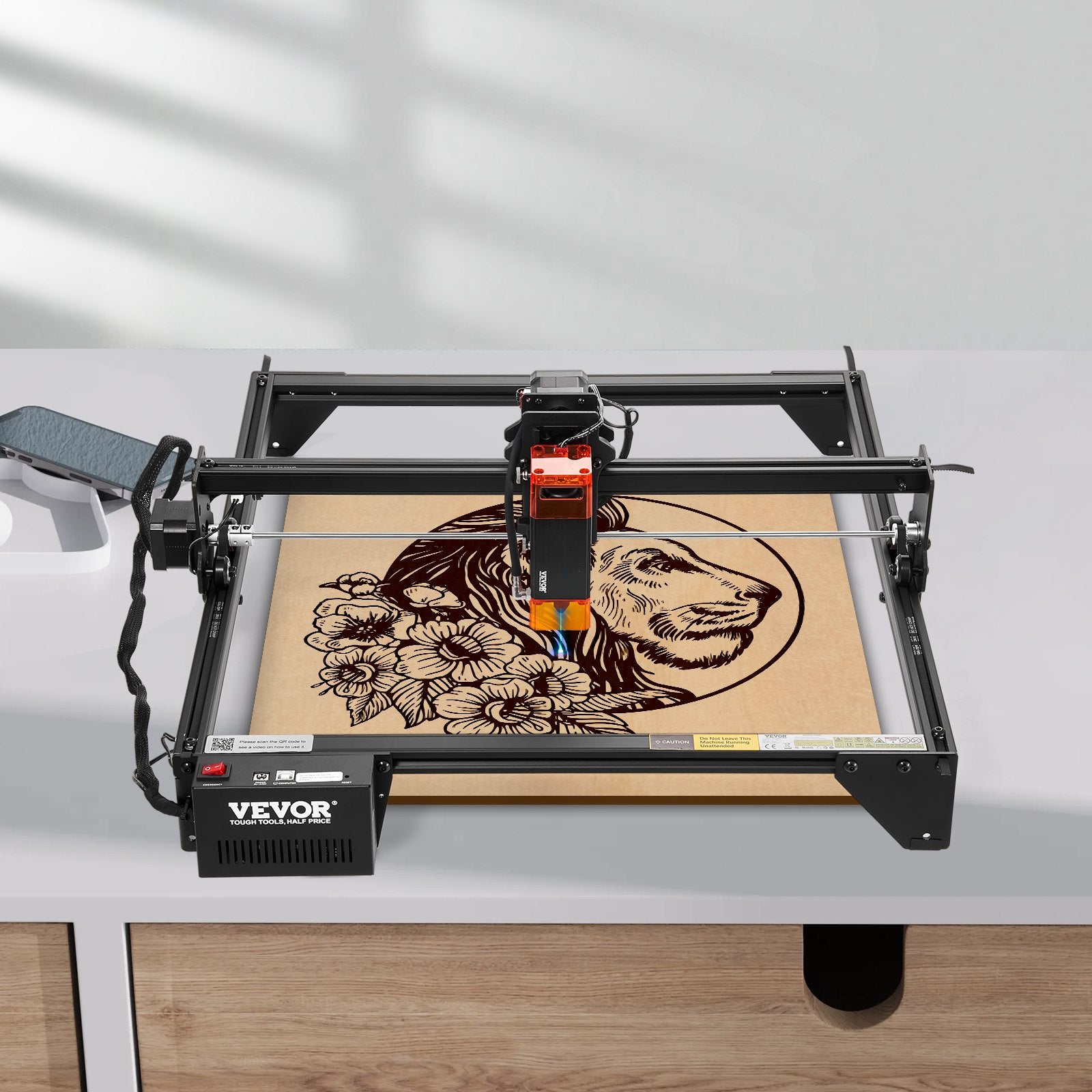 Laser Engraver, 5W Output, Laser Engraving Cutter Machine, 14.9 x 15.7 in/38 x 40 cm Working Area, 10000 mm/min Movement Speed, Compressed Spot with Eye Protection, for Wood, Certain Metal