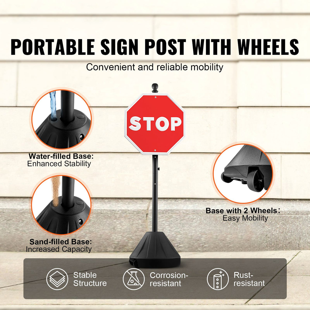 Portable Sign Post, 5 ft Cast Iron Sign Post Holder with Hard Plastic Base & Wheels,  Movable Parking Sign Stand for No Parking Street Signs, Handicap Parking Sign,  with Base, Bolts Nuts, Black