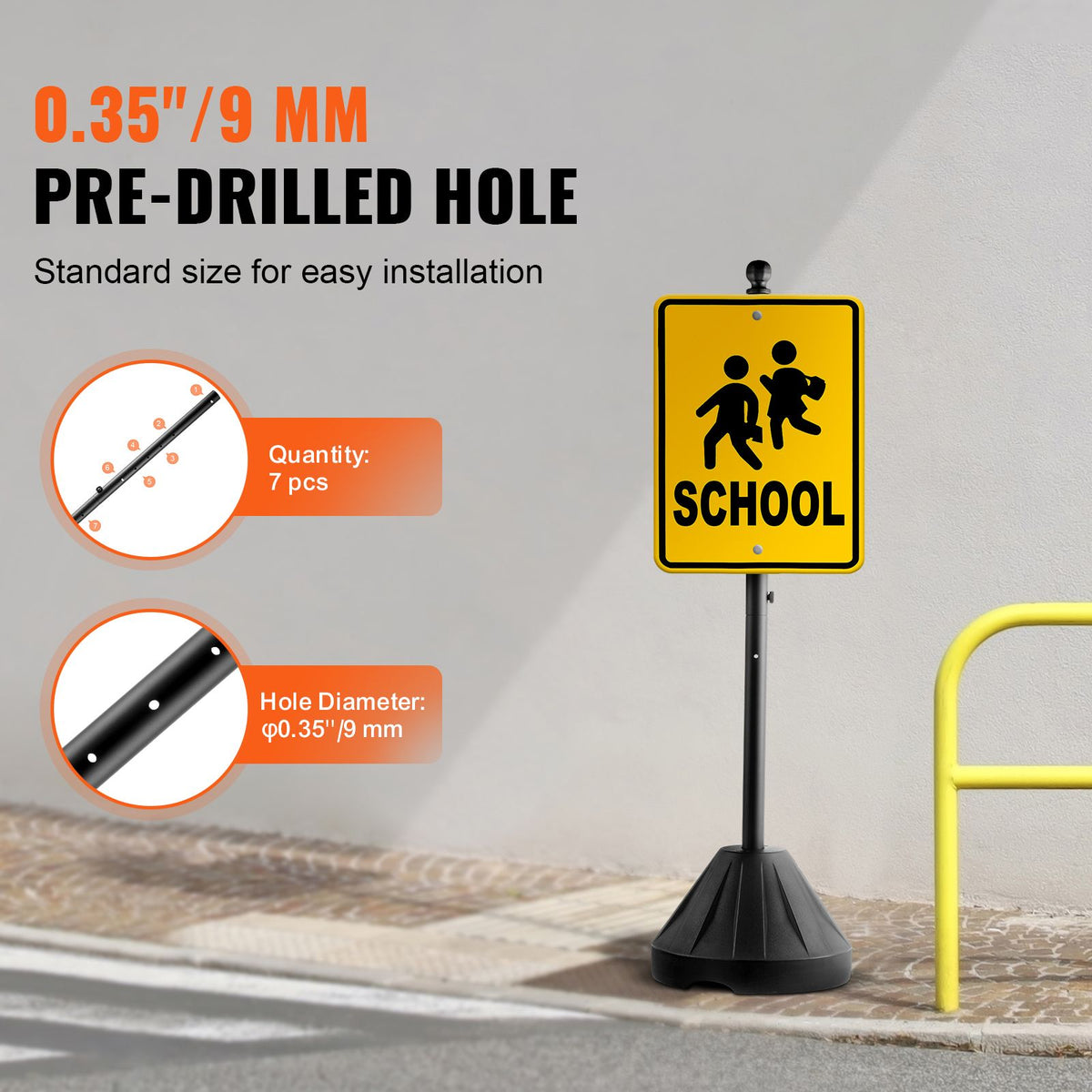 Portable Sign Post, 5 ft Cast Iron Sign Post Holder with Hard Plastic Base & Wheels,  Movable Parking Sign Stand for No Parking Street Signs, Handicap Parking Sign,  with Base, Bolts Nuts, Black