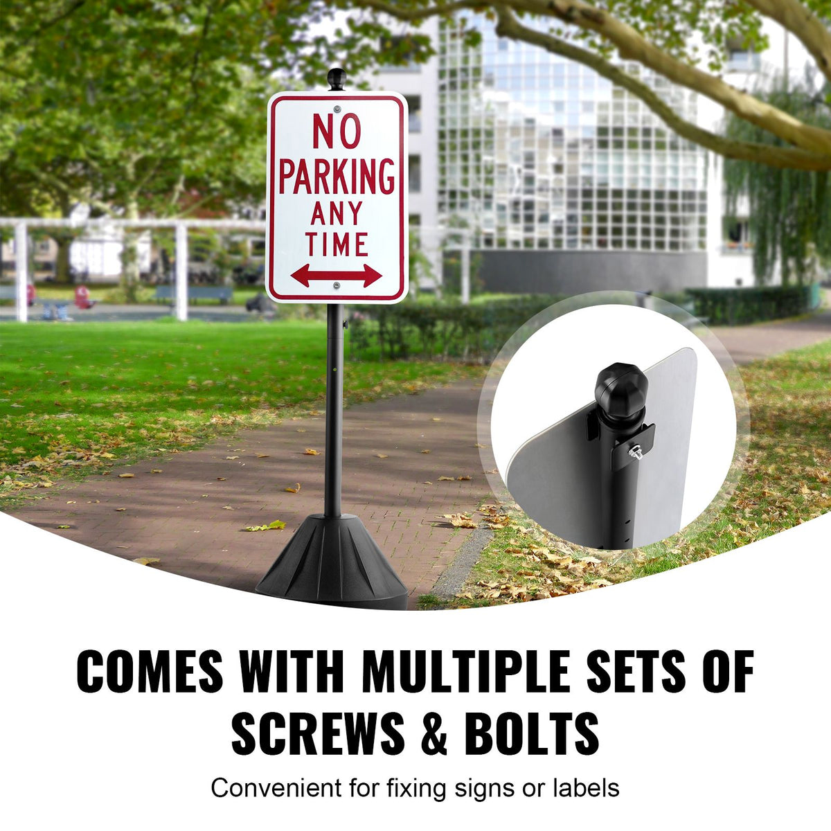 Portable Sign Post, 5 ft Cast Iron Sign Post Holder with Hard Plastic Base & Wheels,  Movable Parking Sign Stand for No Parking Street Signs, Handicap Parking Sign,  with Base, Bolts Nuts, Black