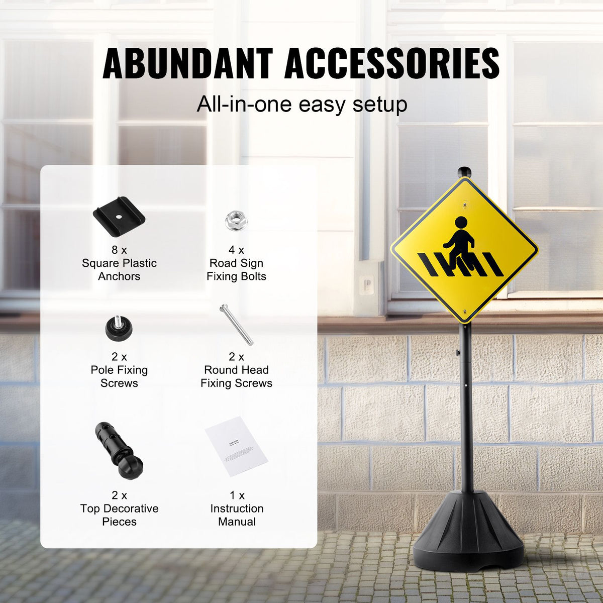 Portable Sign Post, 5 ft Cast Iron Sign Post Holder with Hard Plastic Base & Wheels,  Movable Parking Sign Stand for No Parking Street Signs, Handicap Parking Sign,  with Base, Bolts Nuts, Black