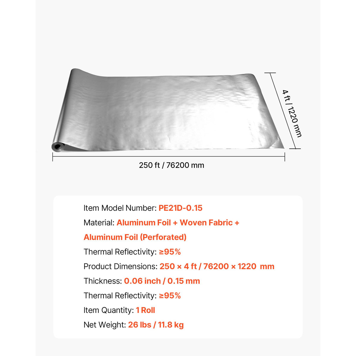 Double Reflective Insulation Roll, Perforated Woven Fabric Radiant Barrier, 0.15mm 76.2m x 1.22m, Double-Sided Aluminum Foil Heat Reflective Shield, Thermal Insulation Roll for Window RV Roof