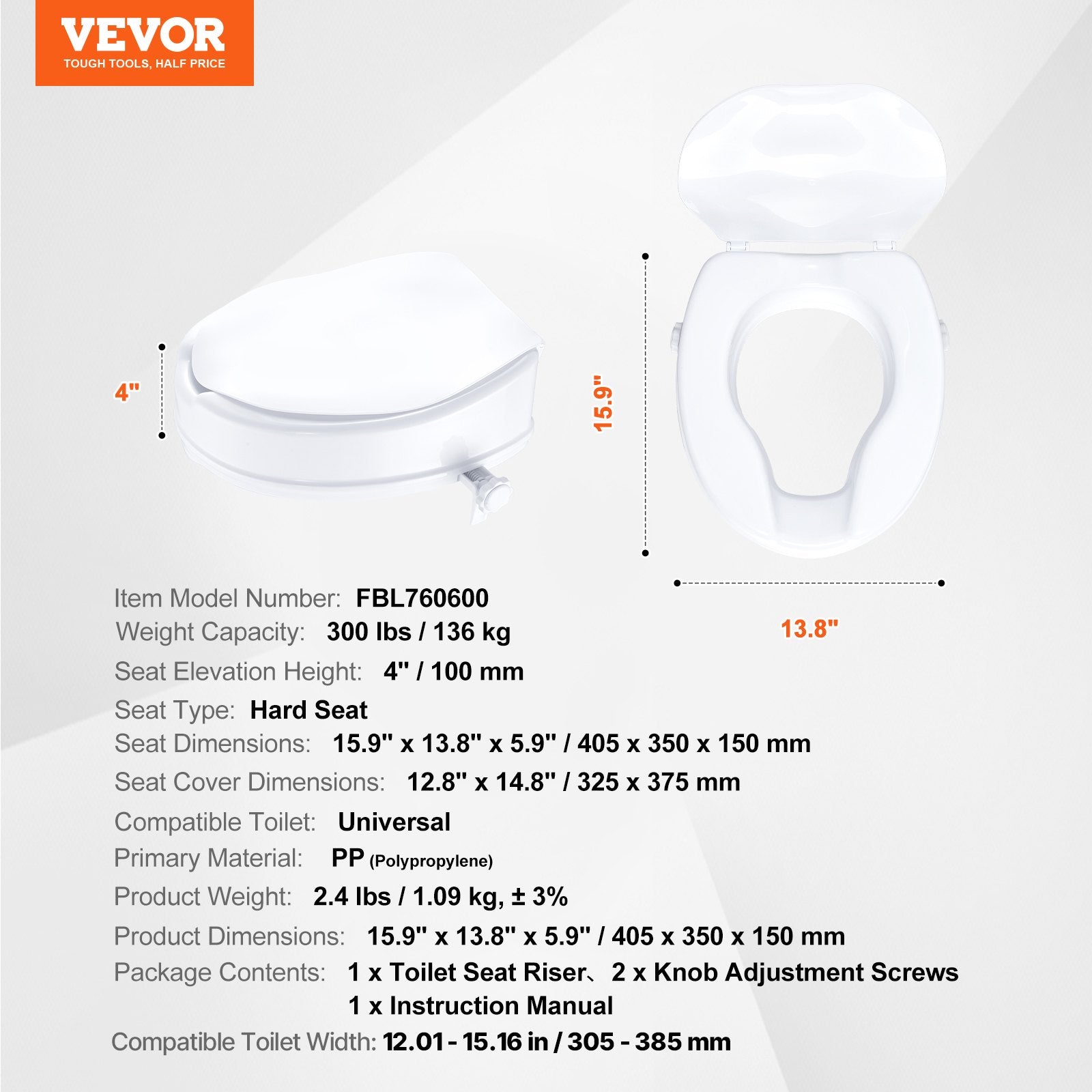 Toilet & Bidet Accessories: VEVOR Raised Toilet Seat, 100 mm Height Raised, 136 kg Weight Capacity, Universal Toilet Seat Riser, Screw Rod Locking, with Toilet Seat, for Elderly, Handicap, Patient, Pregnant, Medical