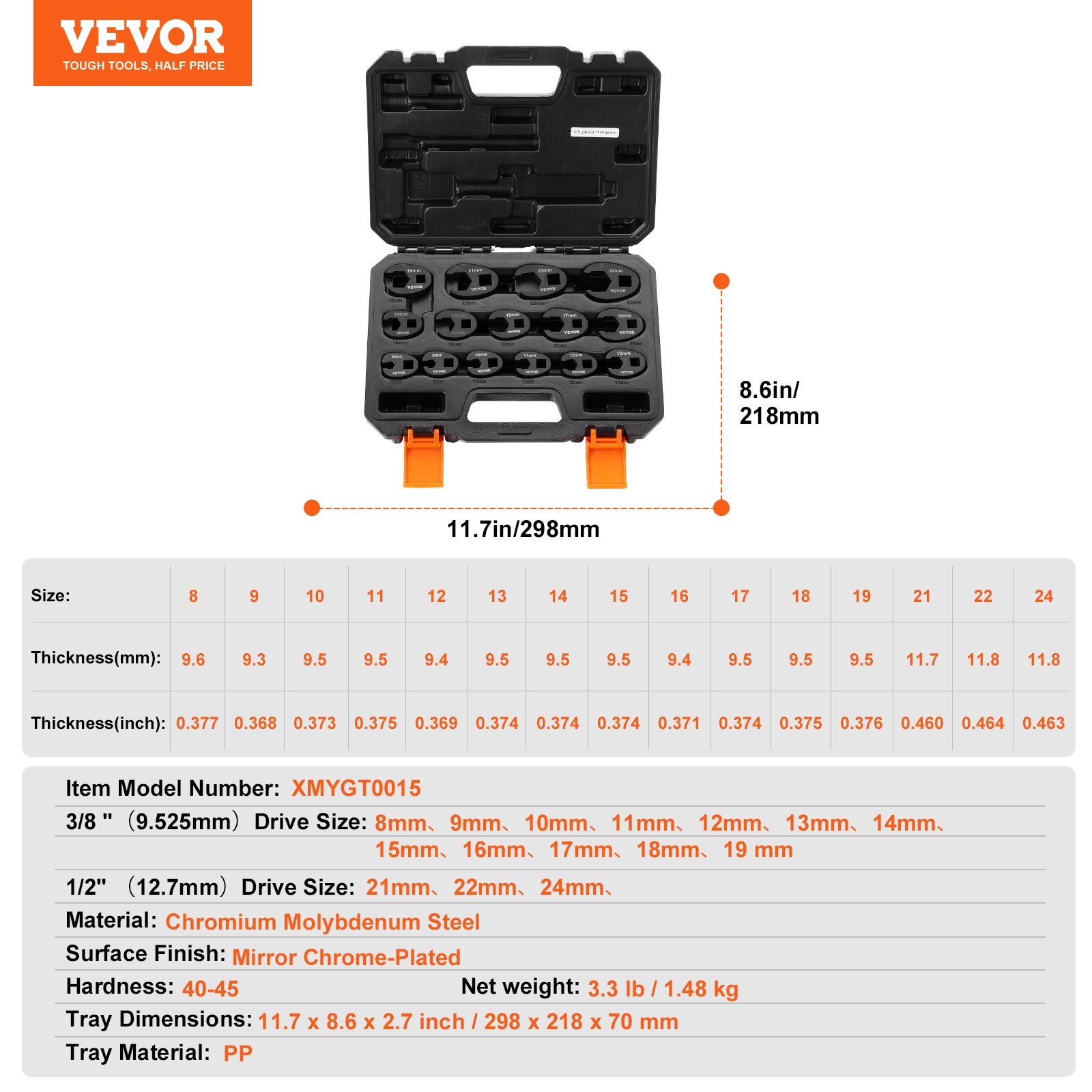 Drill & Screwdriver Accessories: VEVOR Crowfoot Wrench Set, 1/2" and 3/8" Drive 15-Piece Crows Foot Wrench Set with PP Storage Case,  Metric 8-24 mm, CRMO Steel and  Manganese Phosphate Finish, for Mechanical Maintenance or Repairs