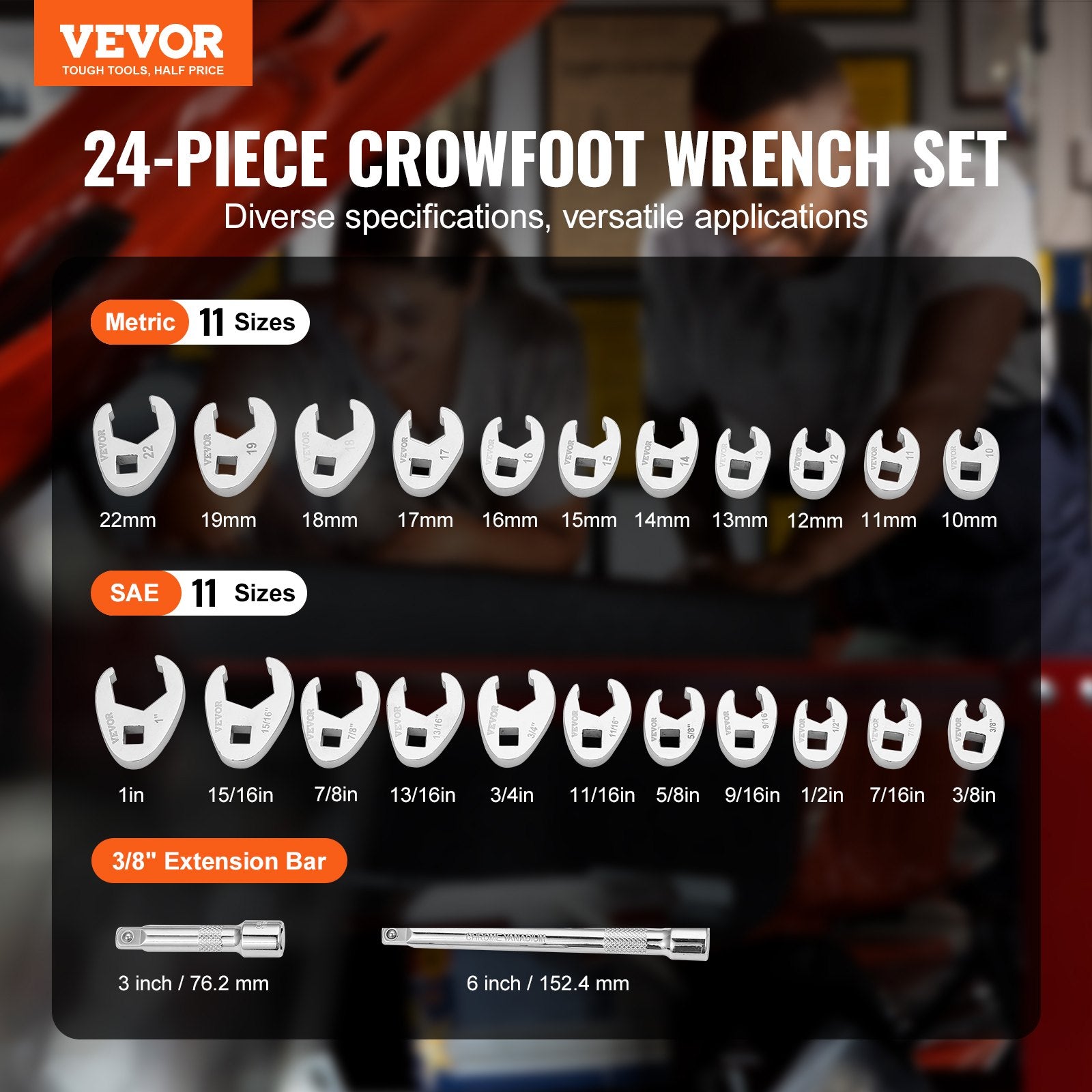 3/8" Drive Crowfoot Wrench Set with 2 Extension Bars, 24-Piece Crows Foot Wrench Set, SAE 3/8"-1" and Metric 10-22 mm, CR-MO Steel Crowfoot Wrench Set, with EVA Tool Organizer