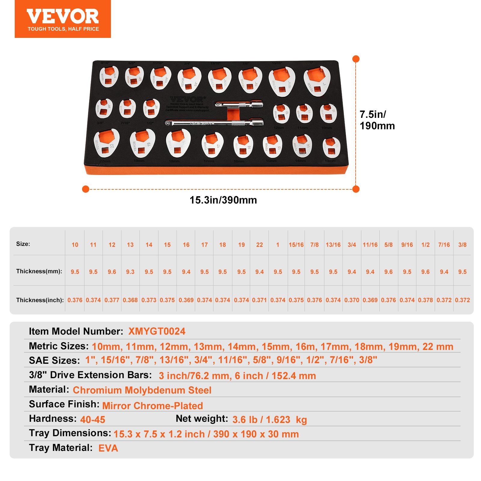 3/8" Drive Crowfoot Wrench Set with 2 Extension Bars, 24-Piece Crows Foot Wrench Set, SAE 3/8"-1" and Metric 10-22 mm, CR-MO Steel Crowfoot Wrench Set, with EVA Tool Organizer