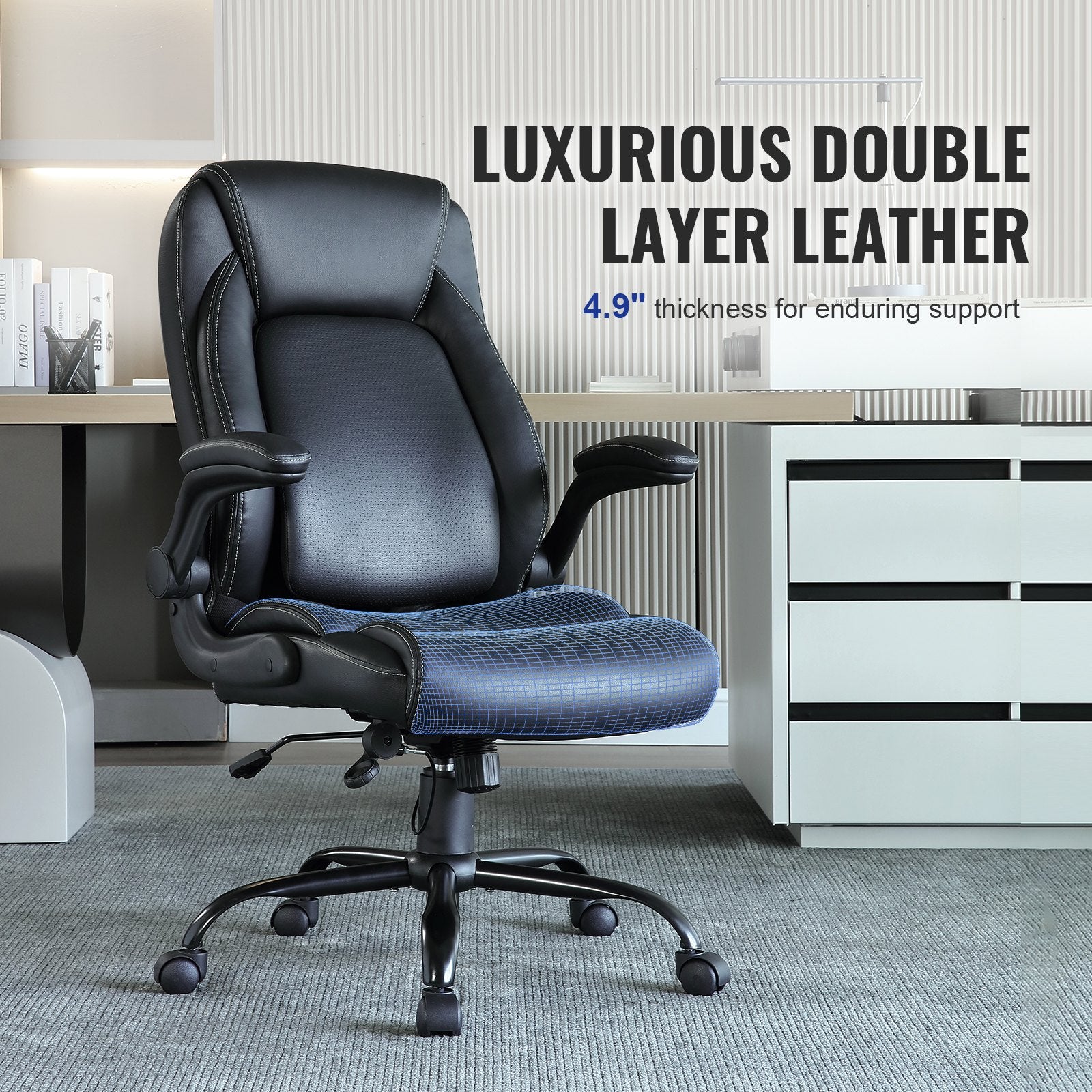 Office & Desk Chairs: VEVOR Executive Office Chair with Cutting-edge Adjustable Lumbar Support, High Back PU Leather Office Chair Ergonomic for Back Pain, with Padded Flip-up Arms