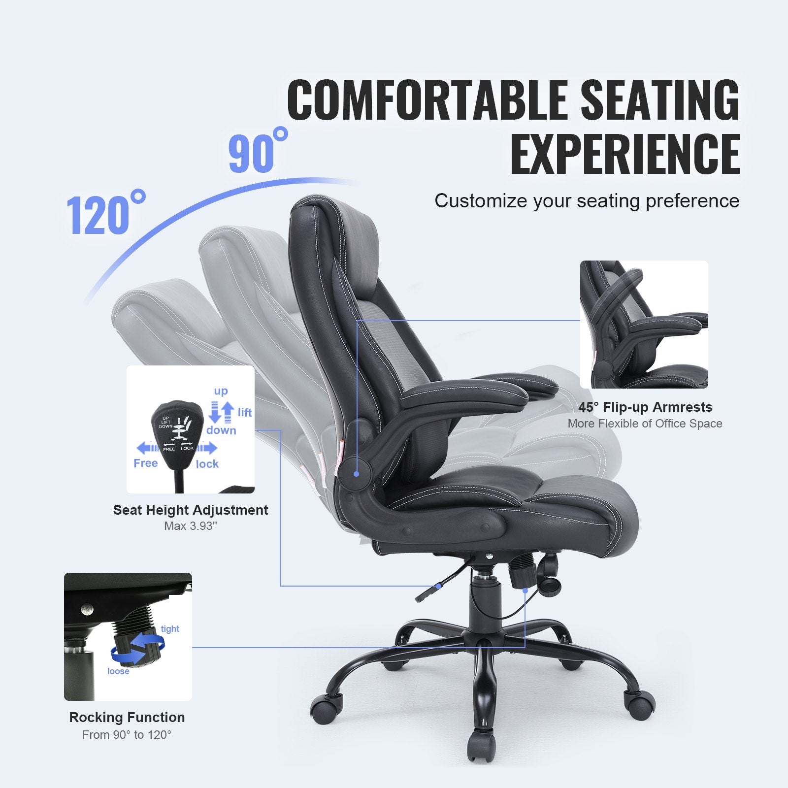Office & Desk Chairs: VEVOR Executive Office Chair with Cutting-edge Adjustable Lumbar Support, High Back PU Leather Office Chair Ergonomic for Back Pain, with Padded Flip-up Arms