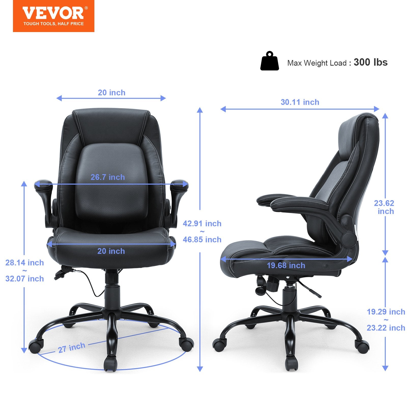 Office & Desk Chairs: VEVOR Executive Office Chair with Cutting-edge Adjustable Lumbar Support, High Back PU Leather Office Chair Ergonomic for Back Pain, with Padded Flip-up Arms