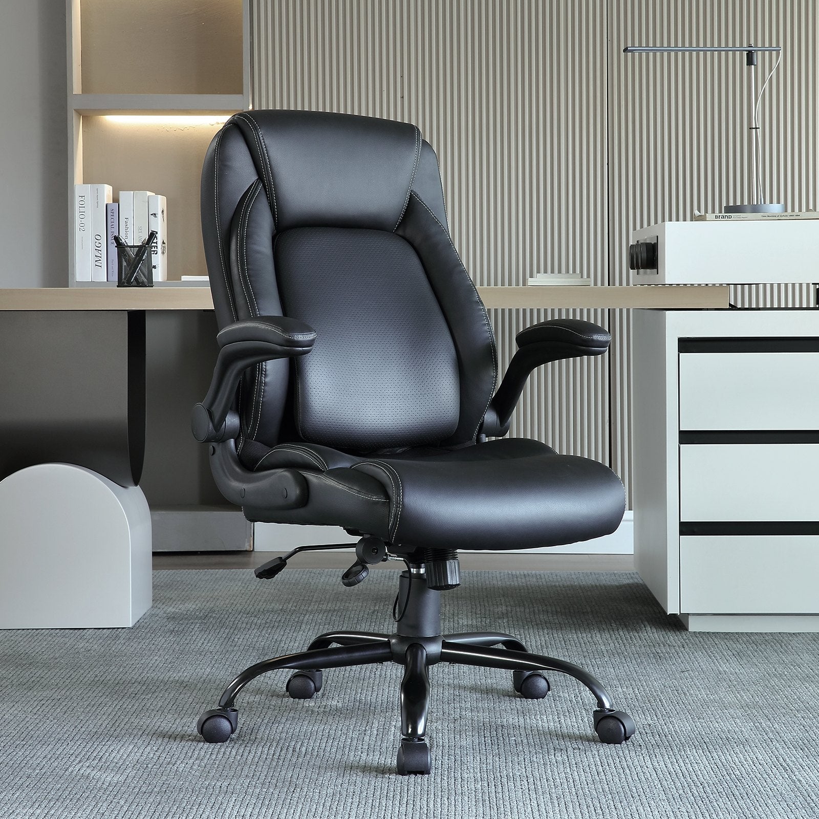 Office & Desk Chairs: VEVOR Executive Office Chair with Cutting-edge Adjustable Lumbar Support, High Back PU Leather Office Chair Ergonomic for Back Pain, with Padded Flip-up Arms