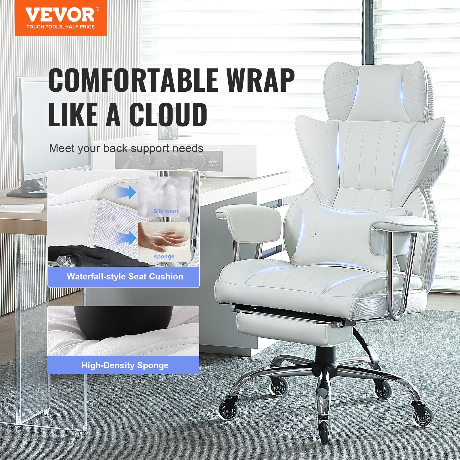 Office & Desk Chairs: VEVOR Reclining Office Chair with Footrest, Heavy Duty PU Leather Wide Office Chair, Big and Tall Executive Office Chairs with Lumbar Support, Strong Metal Base Quiet Wheels, White