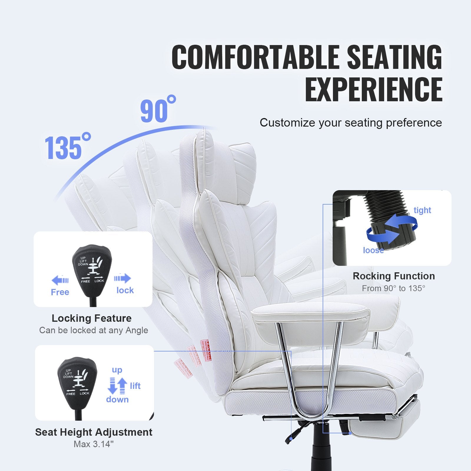 Office & Desk Chairs: VEVOR Reclining Office Chair with Footrest, Heavy Duty PU Leather Wide Office Chair, Big and Tall Executive Office Chairs with Lumbar Support, Strong Metal Base Quiet Wheels, White