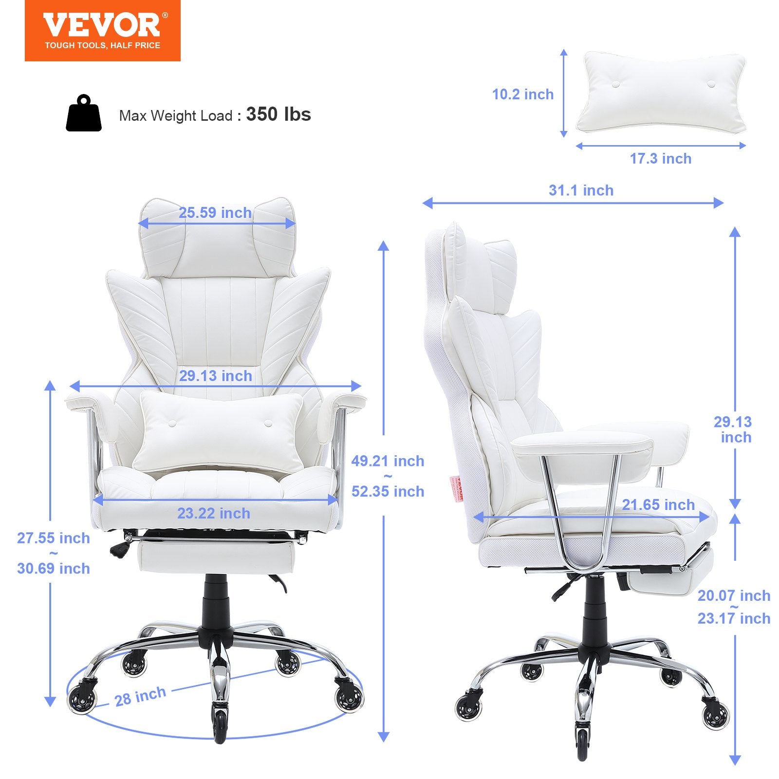 Office & Desk Chairs: VEVOR Reclining Office Chair with Footrest, Heavy Duty PU Leather Wide Office Chair, Big and Tall Executive Office Chairs with Lumbar Support, Strong Metal Base Quiet Wheels, White