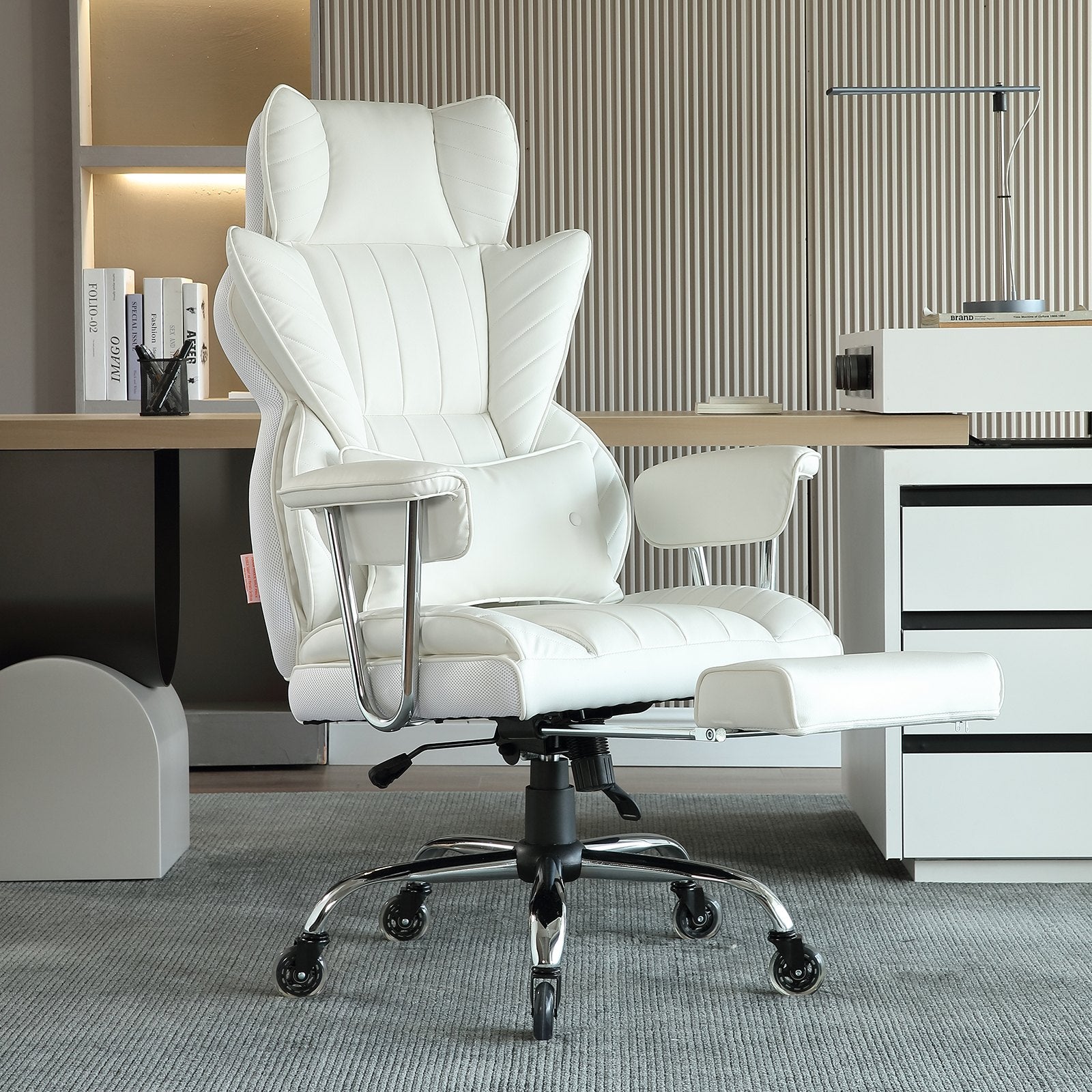 Office & Desk Chairs: VEVOR Reclining Office Chair with Footrest, Heavy Duty PU Leather Wide Office Chair, Big and Tall Executive Office Chairs with Lumbar Support, Strong Metal Base Quiet Wheels, White