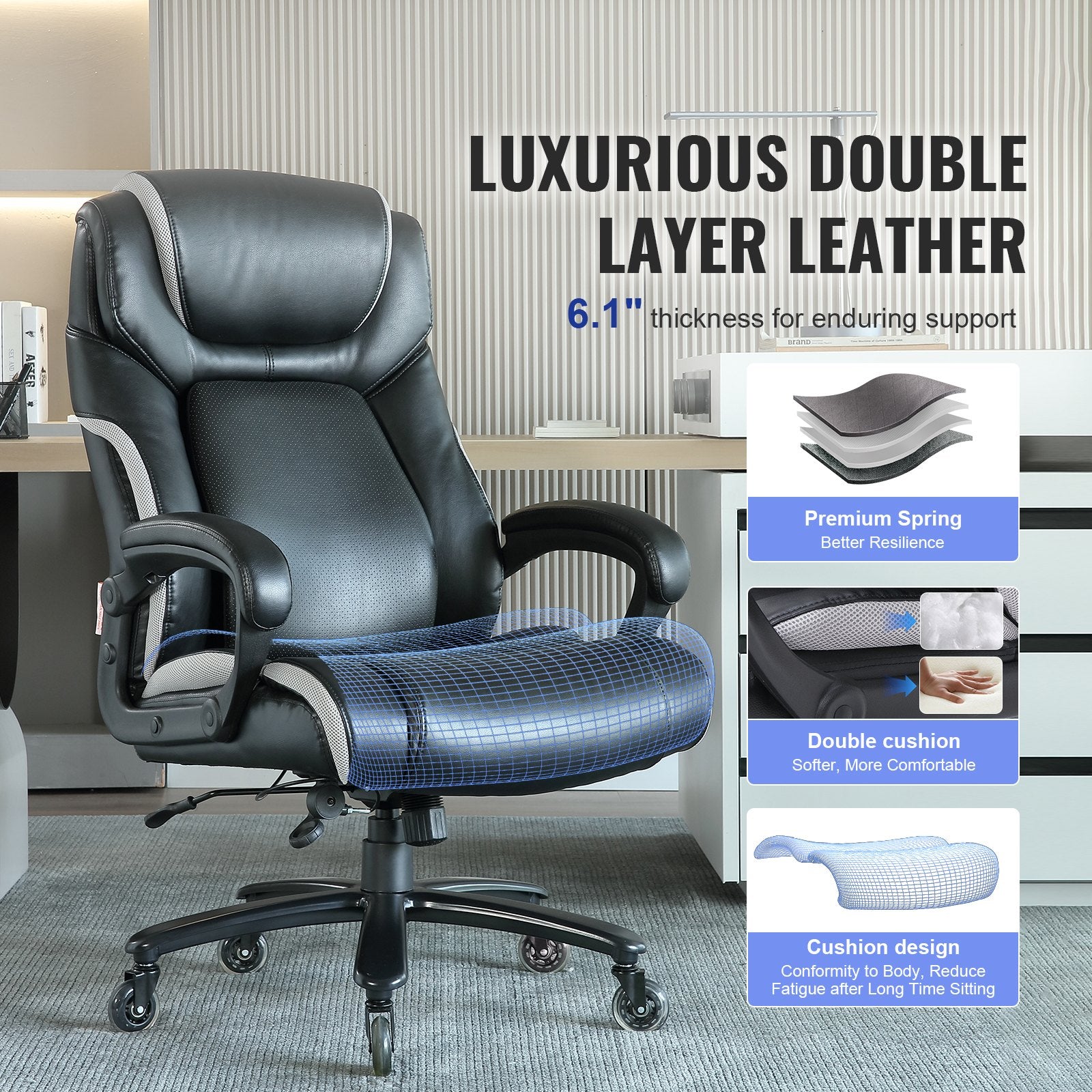 Office & Desk Chairs: VEVOR Heavy Duty Executive Office Chair with Cutting-edge Adjustable Lumbar Support for Long Hours, Big and Tall 400lbs Office Chair, Wide Thick Padded Strong Metal Base Quiet Wheels