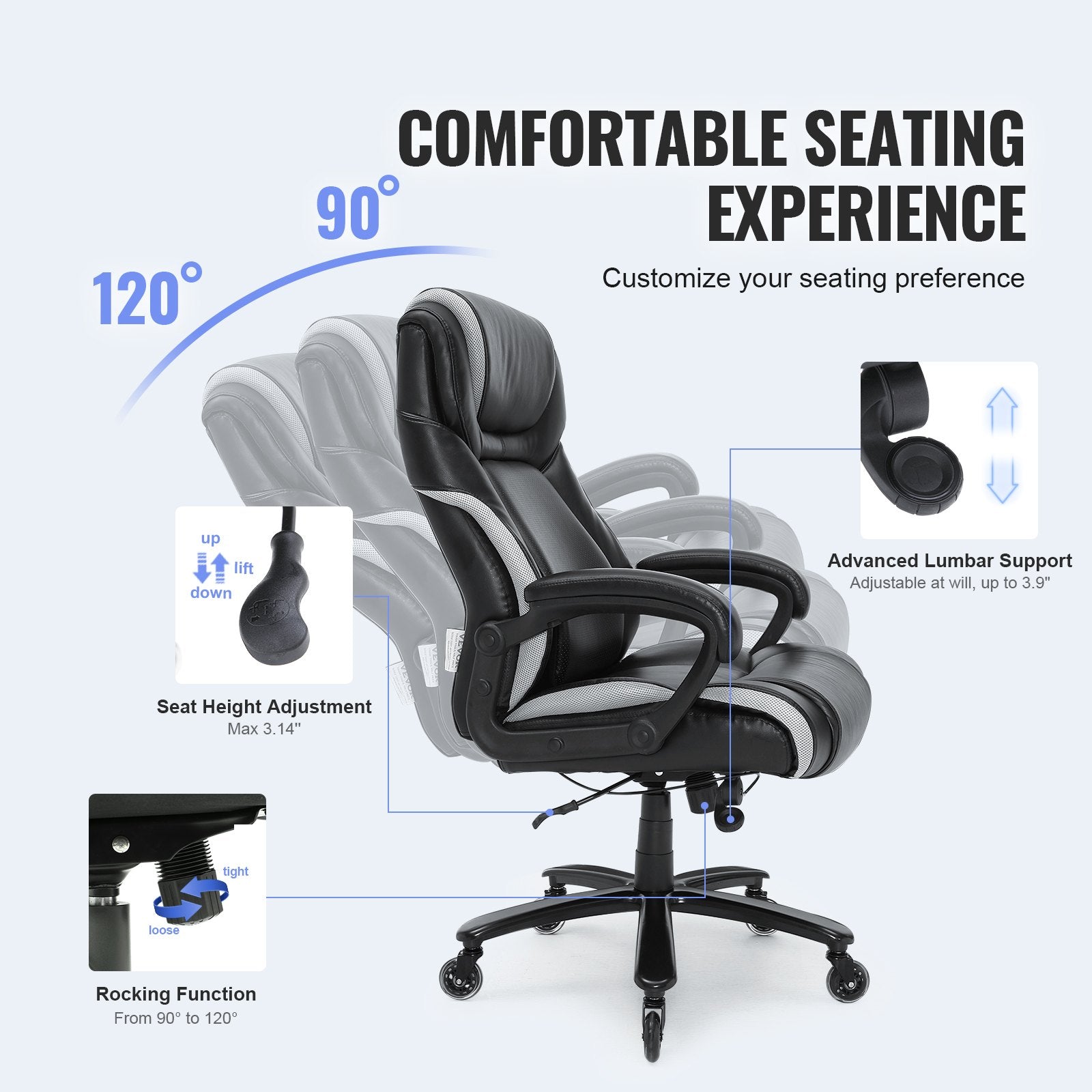 Office & Desk Chairs: VEVOR Heavy Duty Executive Office Chair with Cutting-edge Adjustable Lumbar Support for Long Hours, Big and Tall 400lbs Office Chair, Wide Thick Padded Strong Metal Base Quiet Wheels