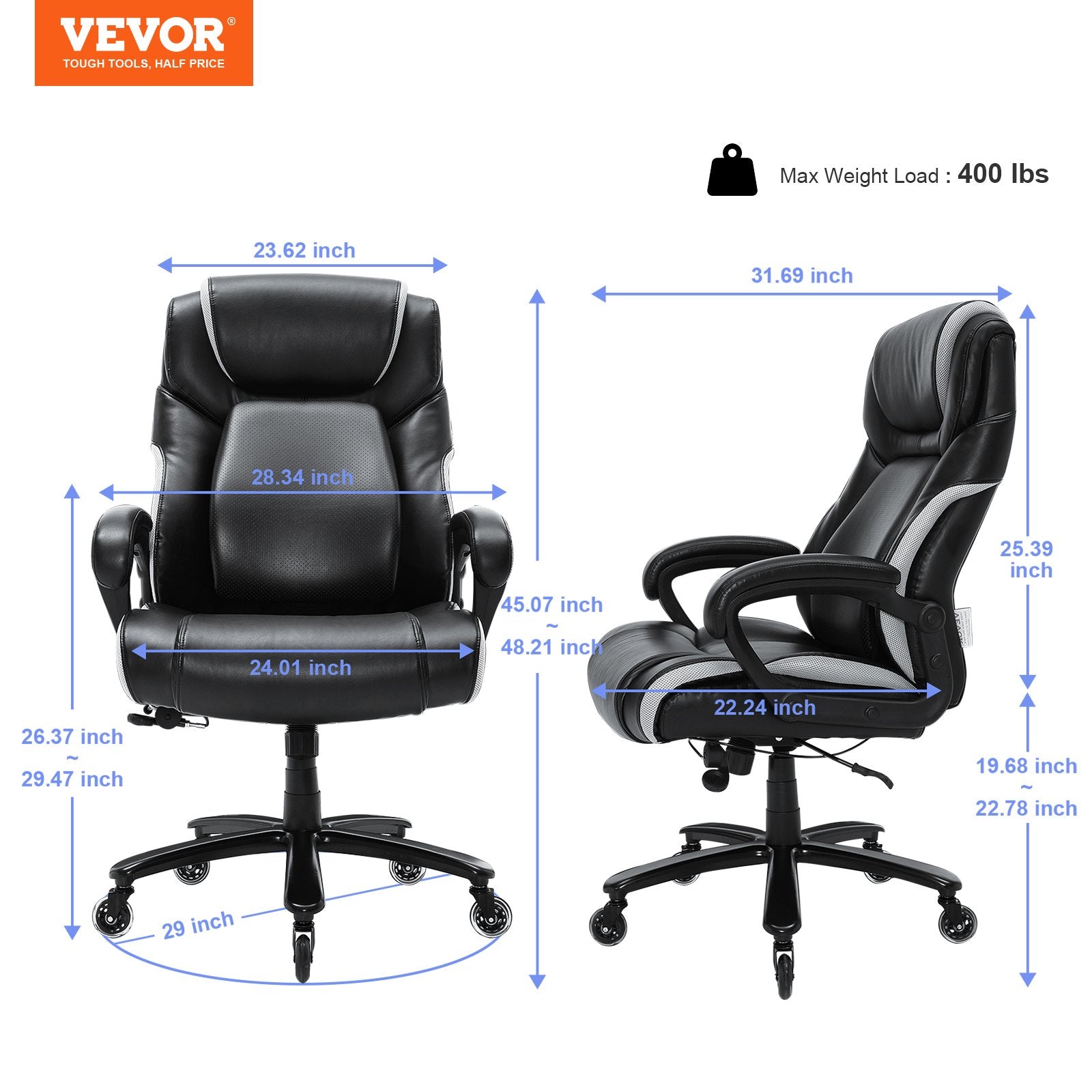 Office & Desk Chairs: VEVOR Heavy Duty Executive Office Chair with Cutting-edge Adjustable Lumbar Support for Long Hours, Big and Tall 400lbs Office Chair, Wide Thick Padded Strong Metal Base Quiet Wheels