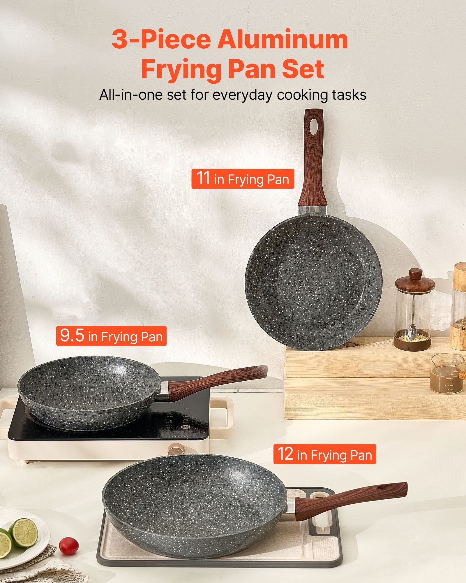 Frying Pan Skillet, Aluminum Egg Fry Pans, 3 Piece Set (250, 280, 325 mm), Nonsitck Heavy-Duty Skillets with Heat-Resistant Handle, Chef's Kitchen Cookware, for Gas, Electric, Induction, Grey