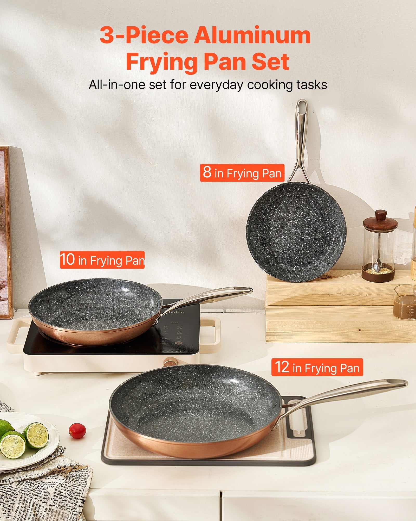 Skillets & Frying Pans: VEVOR Frying Pan Skillet, Aluminum Egg Fry Pans, 3 Piece (200, 270, 300 mm), Nonsitck Ceramic Heavy-Duty Skillets with Heat-Resistant Handle, Chef's Cookware, for Oven, Gas, Electric, Induction, Grey
