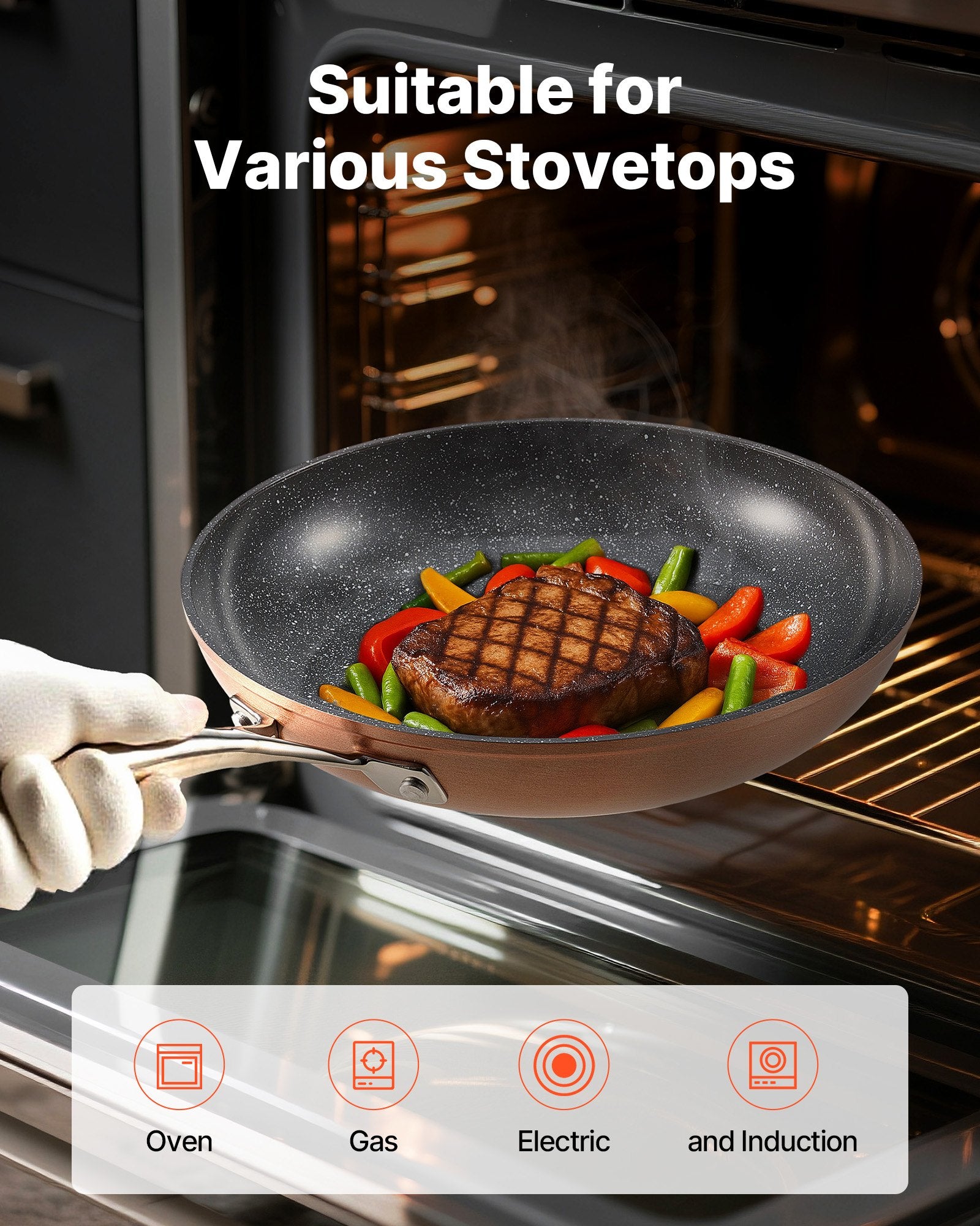 Skillets & Frying Pans: VEVOR Frying Pan Skillet, Aluminum Egg Fry Pans, 3 Piece (200, 270, 300 mm), Nonsitck Ceramic Heavy-Duty Skillets with Heat-Resistant Handle, Chef's Cookware, for Oven, Gas, Electric, Induction, Grey