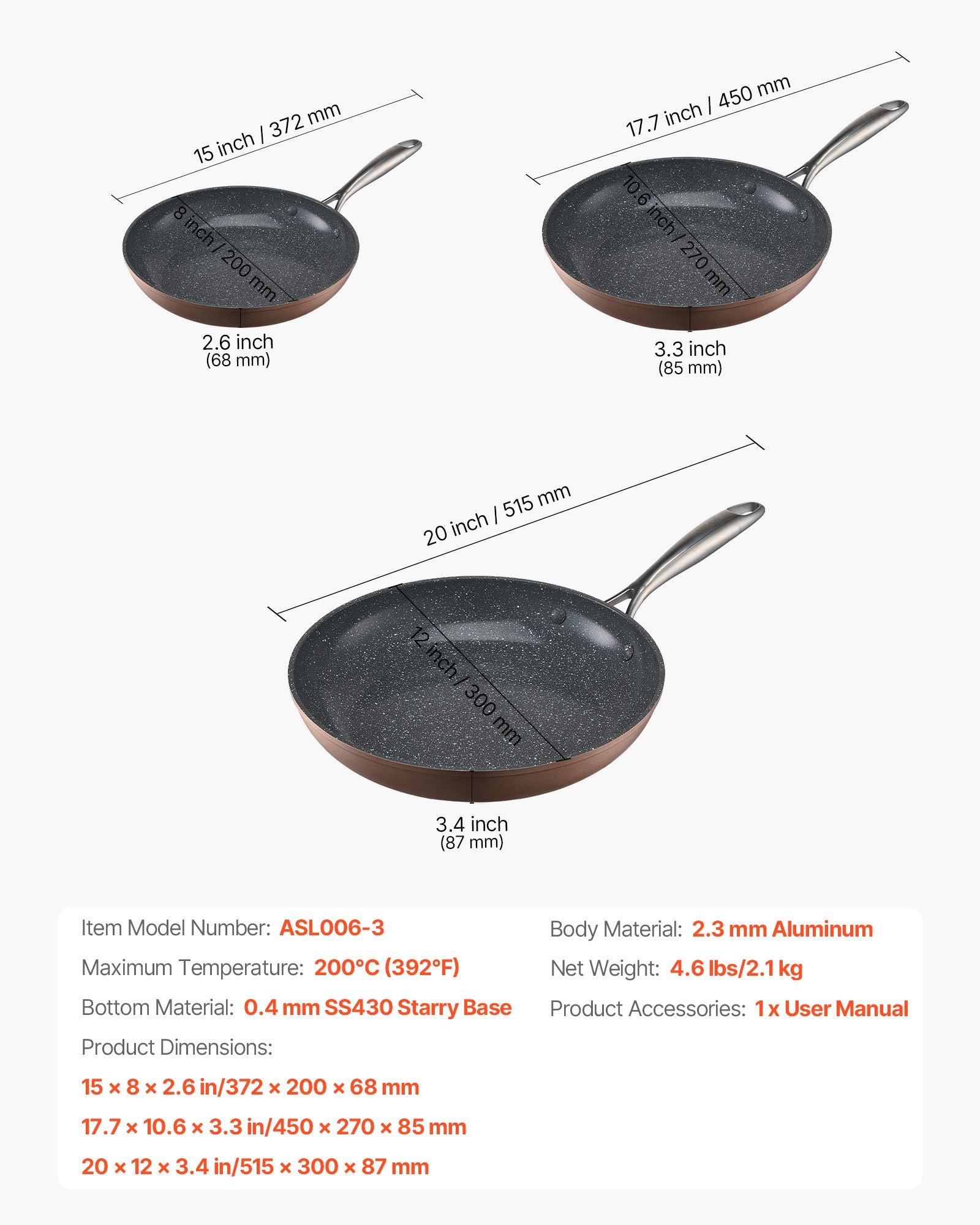 Skillets & Frying Pans: VEVOR Frying Pan Skillet, Aluminum Egg Fry Pans, 3 Piece (200, 270, 300 mm), Nonsitck Ceramic Heavy-Duty Skillets with Heat-Resistant Handle, Chef's Cookware, for Oven, Gas, Electric, Induction, Grey