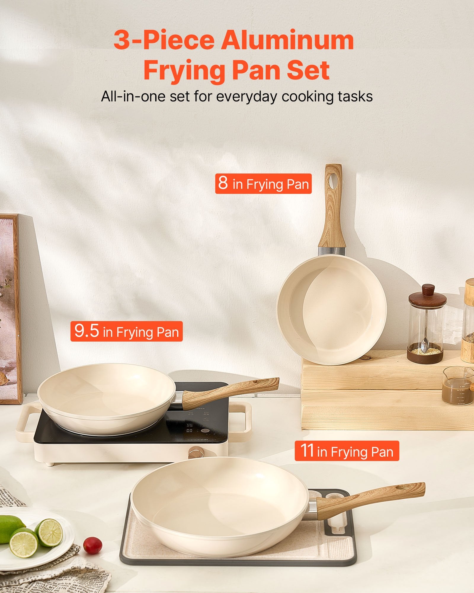 Frying Pan Skillet, Aluminum Egg Fry Pans, 3 Pcs (200, 240, 280 mm), Nonsitck Ceramic Heavy-Duty Skillets with Heat-Resistant Handle, Chef's Kitchen Cookware for Gas, Electric, Induction, Beige