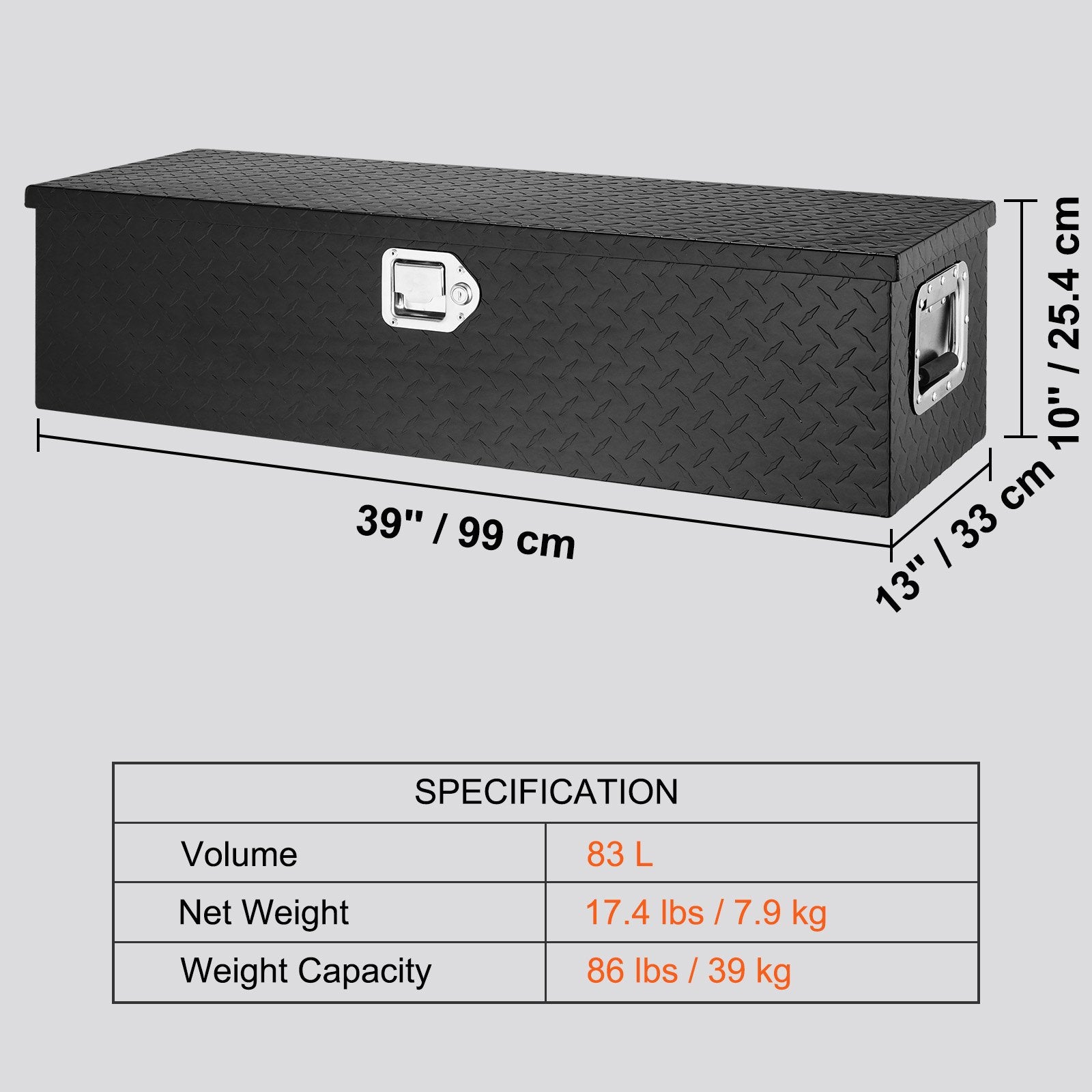 Tool Boxes: VEVOR Heavy Duty Aluminum Truck Bed Tool Box, Diamond Plate Tool Box with Side Handle and Lock Keys, Storage Tool Box Chest Box Organizer for Pickup, Truck Bed, RV, Trailer, 990 x 330 x 254 mm, Black