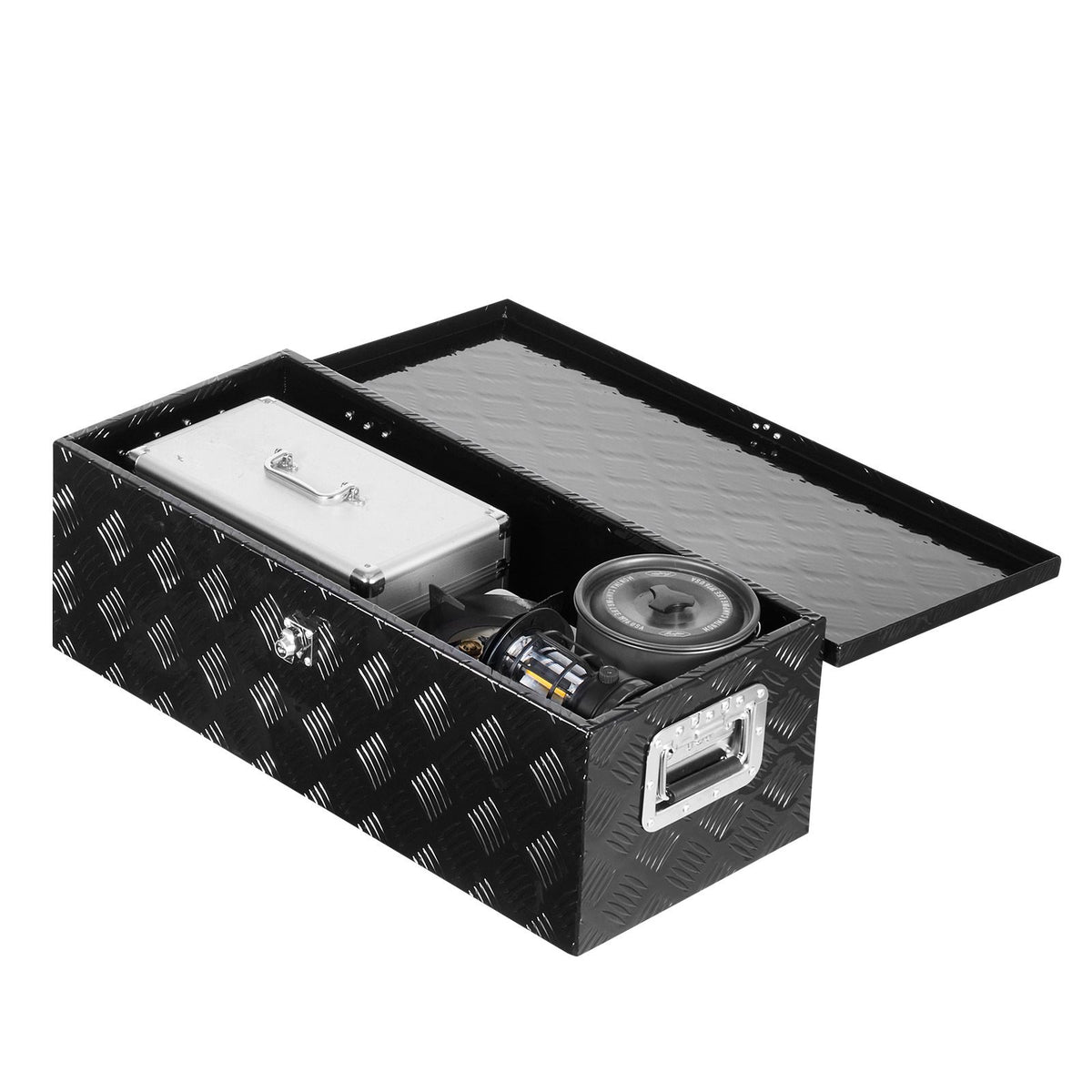 Heavy Duty Aluminum Truck Bed Tool Box, Stripes Plated Tool Box with Side Handle and Lock Keys, Storage Toolbox Chest Organizer for Trailer, Pickup, RV, 30"x13"x9.6"(762x330.2x243.84mm), Black