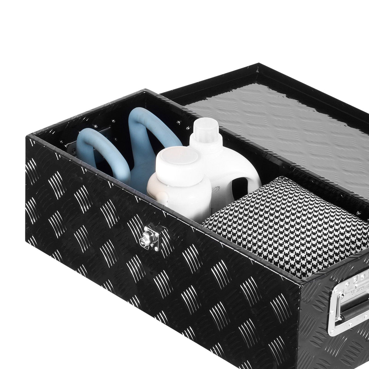 Heavy Duty Aluminum Truck Bed Tool Box, Stripes Plated Tool Box with Side Handle and Lock Keys, Storage Toolbox Chest Organizer for Trailer, Pickup, RV, 30"x13"x9.6"(762x330.2x243.84mm), Black