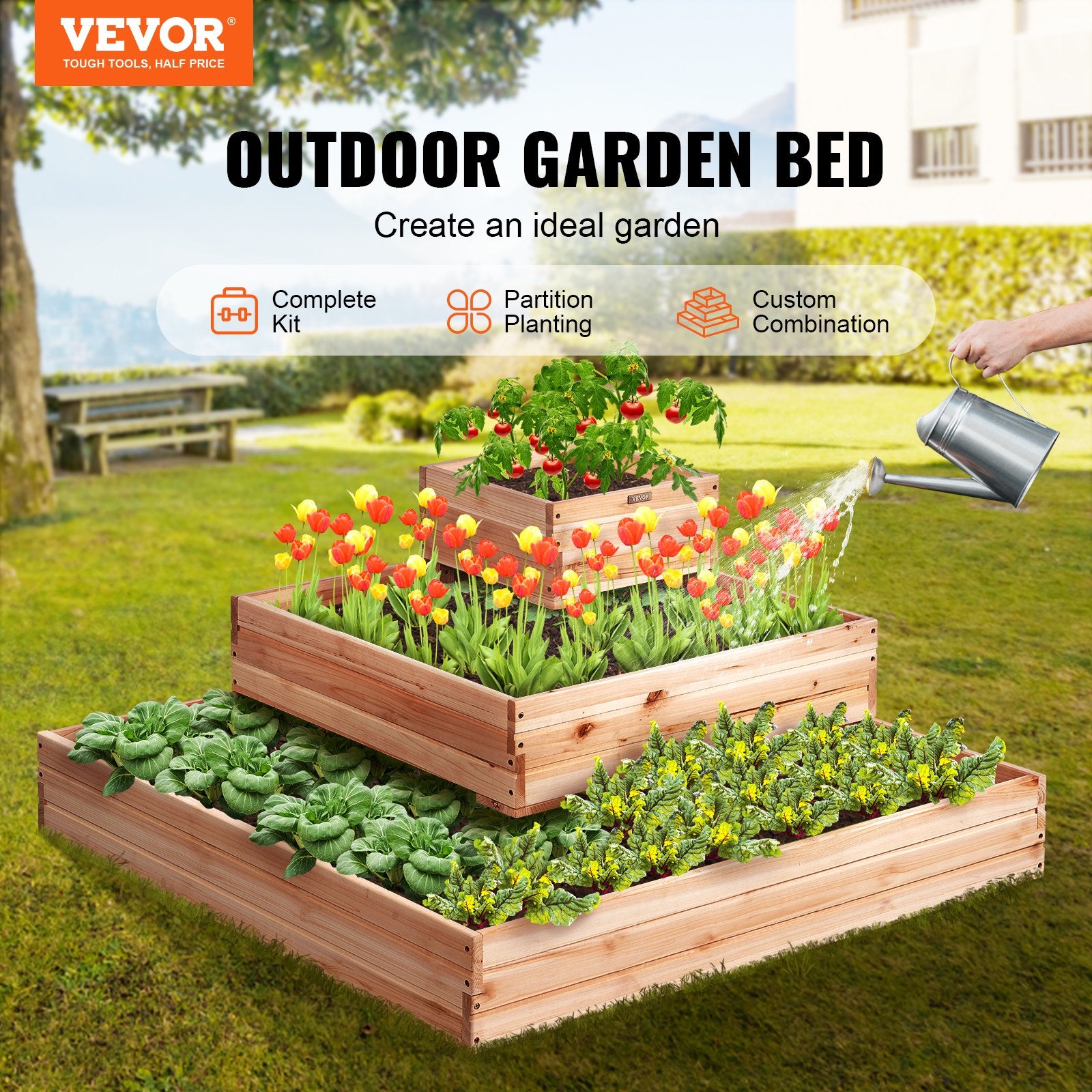 Garden Ornaments: VEVOR Wooden Raised Garden Bed Planter Box 113 x 113 x 51 cm Flower Vegetable Herb