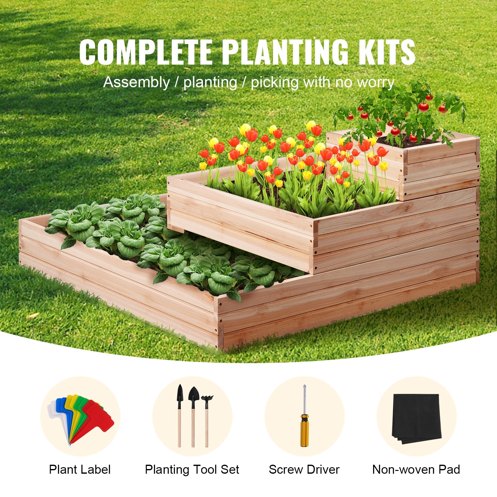 Garden Ornaments: VEVOR Wooden Raised Garden Bed Planter Box 113 x 113 x 51 cm Flower Vegetable Herb
