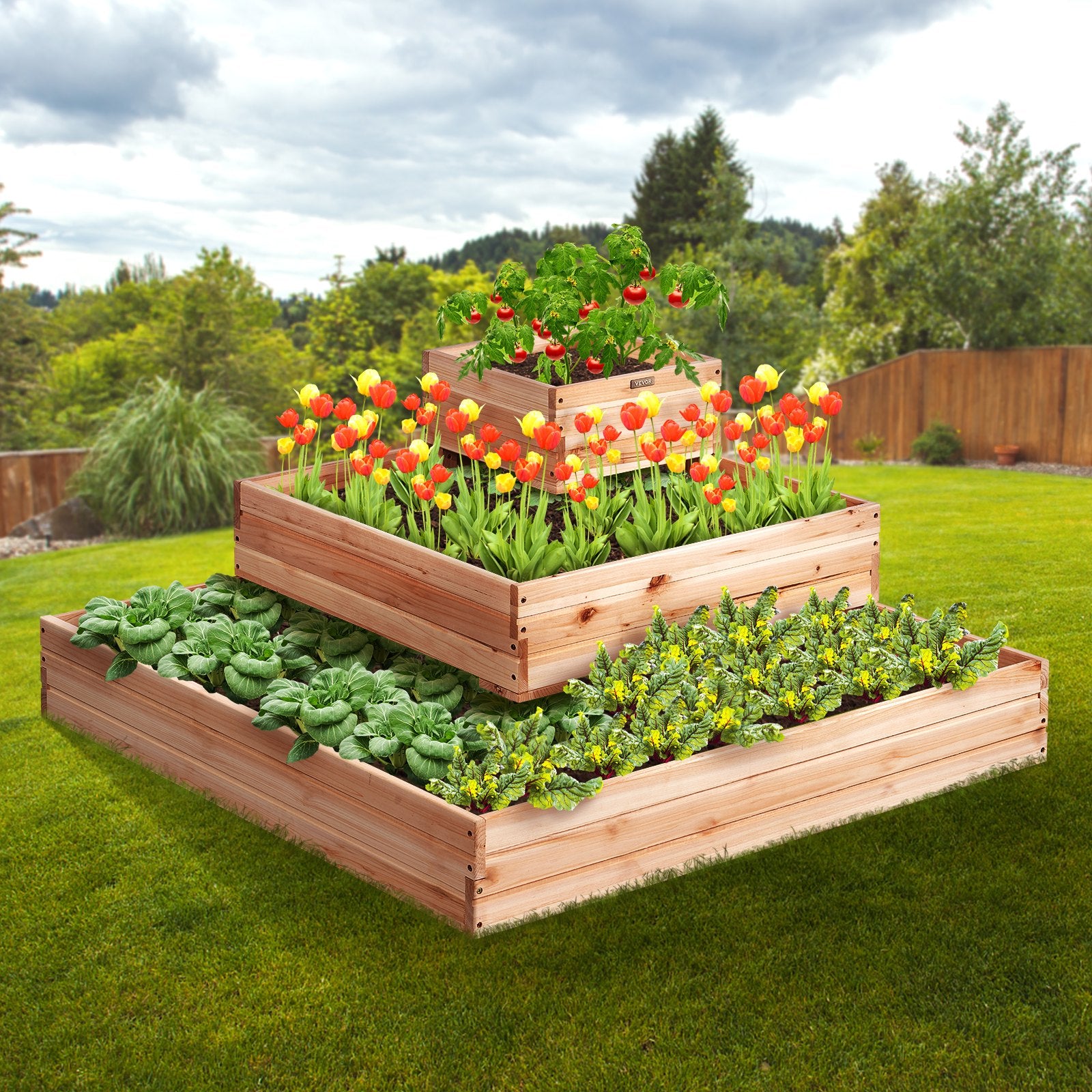 Garden Ornaments: VEVOR Wooden Raised Garden Bed Planter Box 113 x 113 x 51 cm Flower Vegetable Herb