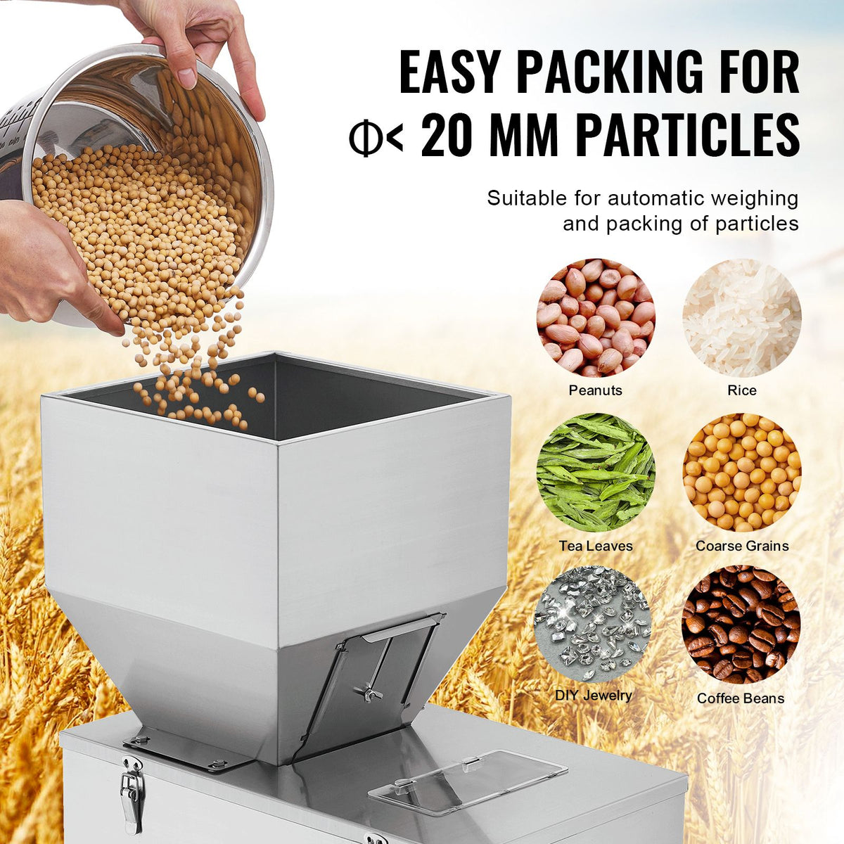 Particle Filling Machine, 10-1000g, Automatic Filler Machine with Foot Pedal, Stainless Steel Weighing Filling Machine, Weigh Filler Packing Machine for Beans Seeds Grains Tea Granular Packing