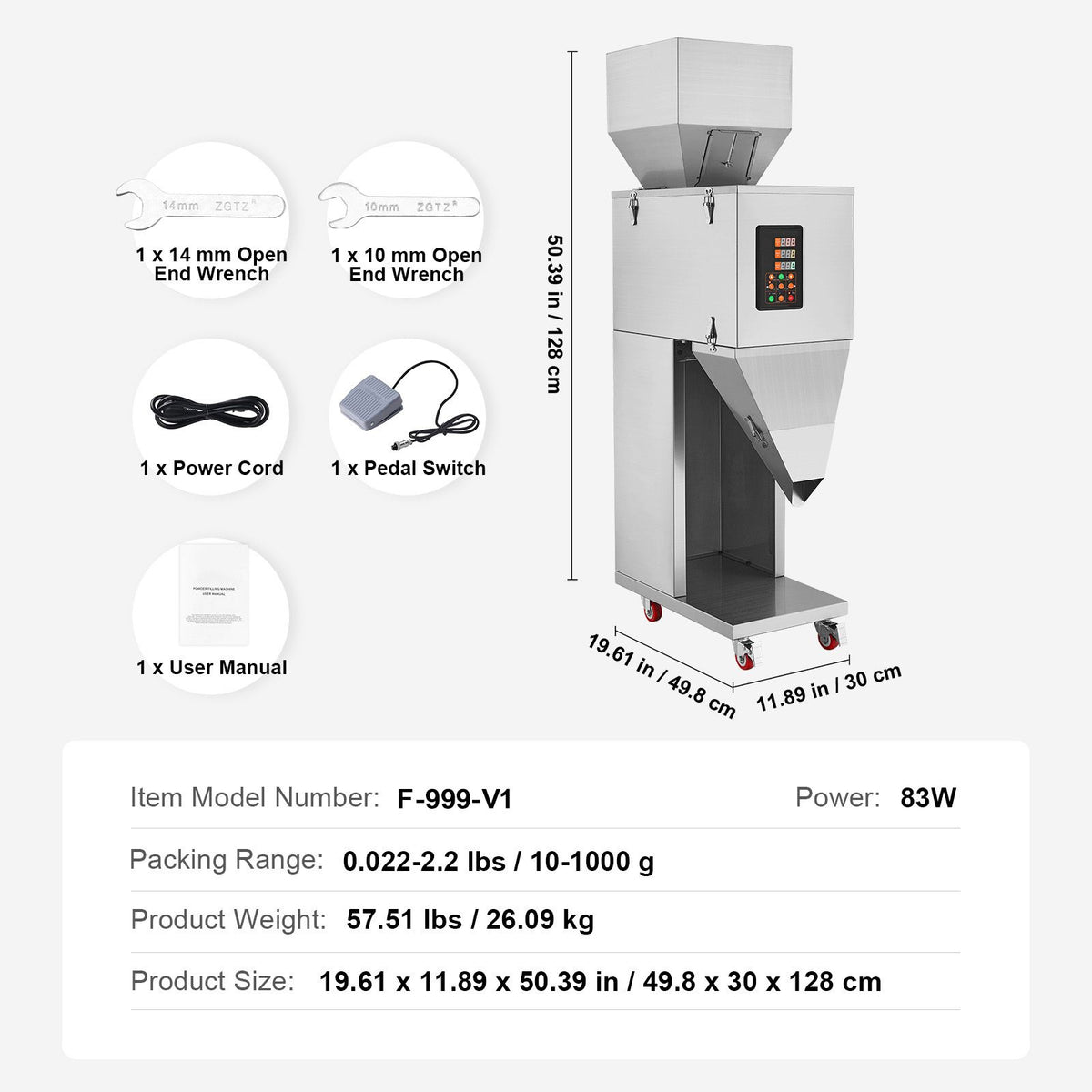 Particle Filling Machine, 10-1000g, Automatic Filler Machine with Foot Pedal, Stainless Steel Weighing Filling Machine, Weigh Filler Packing Machine for Beans Seeds Grains Tea Granular Packing