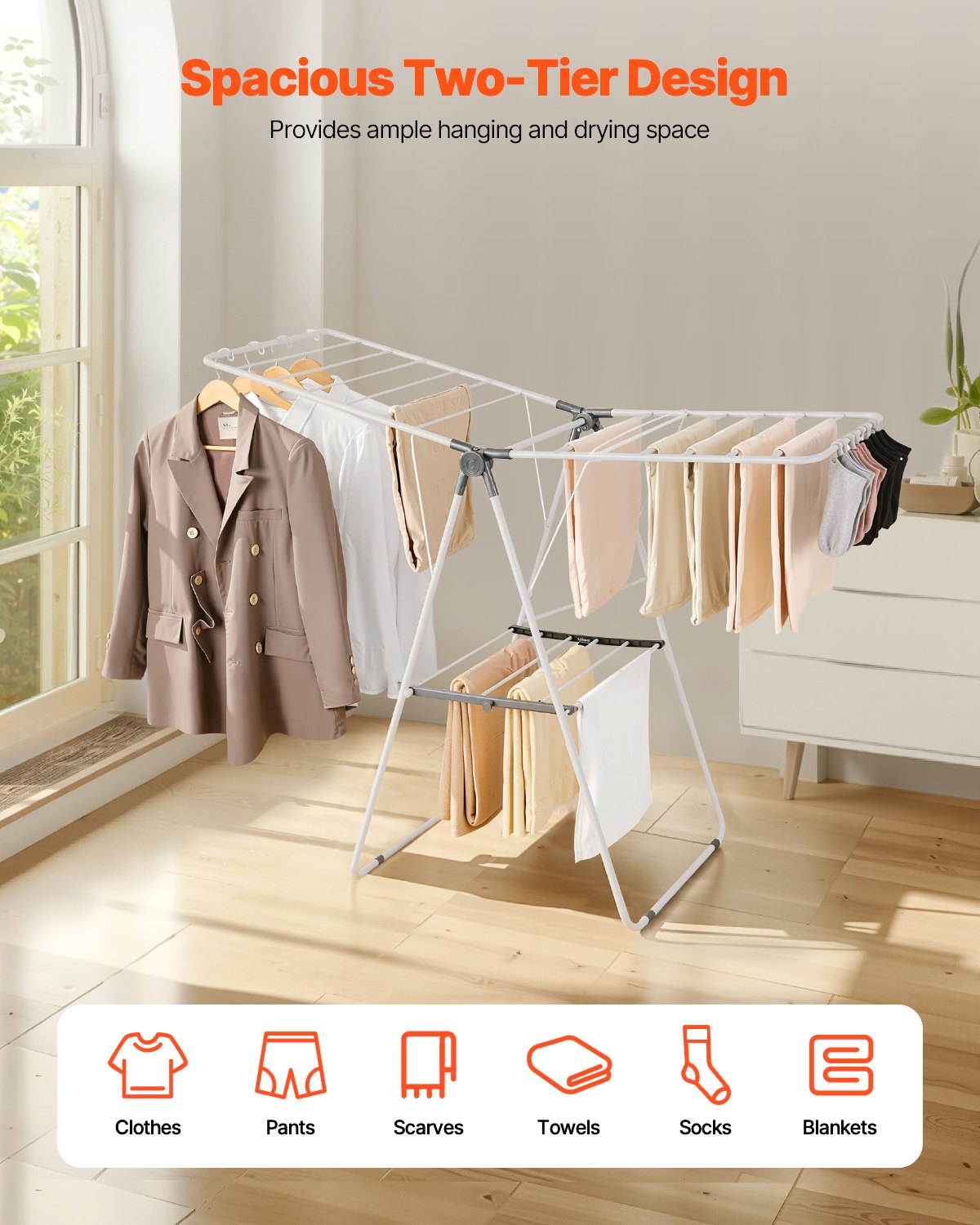 Drying Racks & Hangers: VEVOR 2-Tier Foldable Clothes Drying Rack with Sock Clips & 21 Drying Rods White