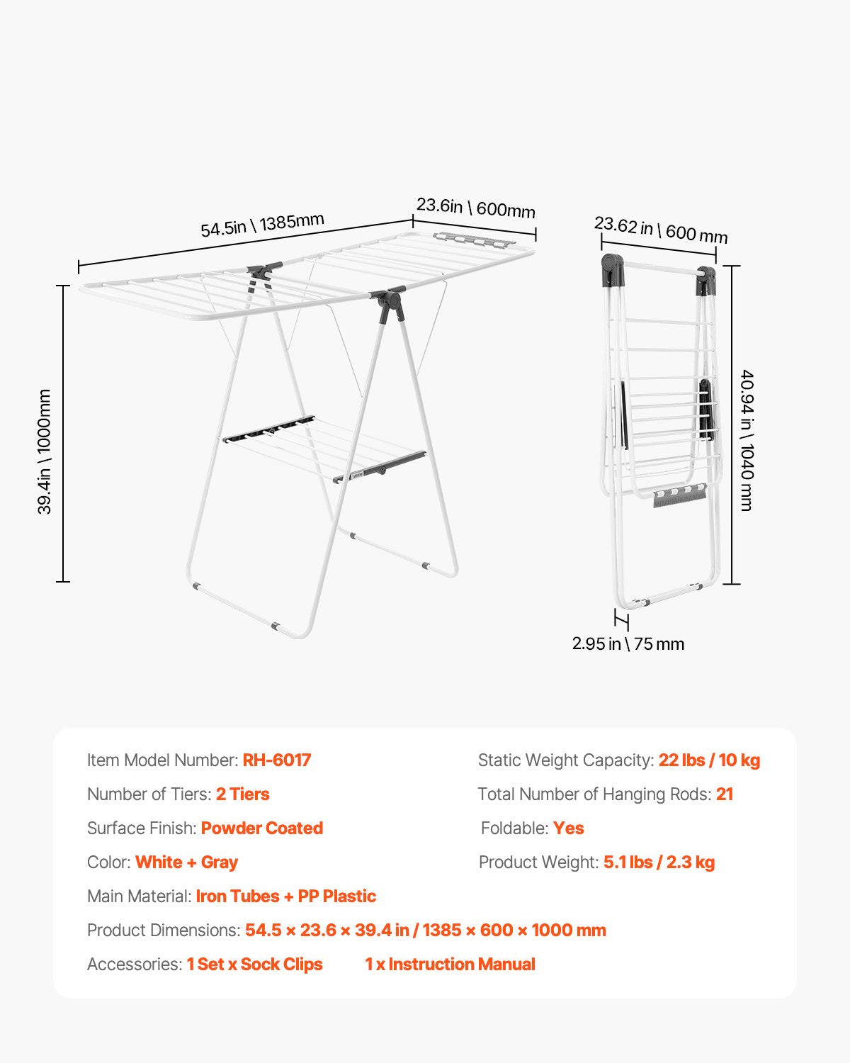 Drying Racks & Hangers: VEVOR 2-Tier Foldable Clothes Drying Rack with Sock Clips & 21 Drying Rods White