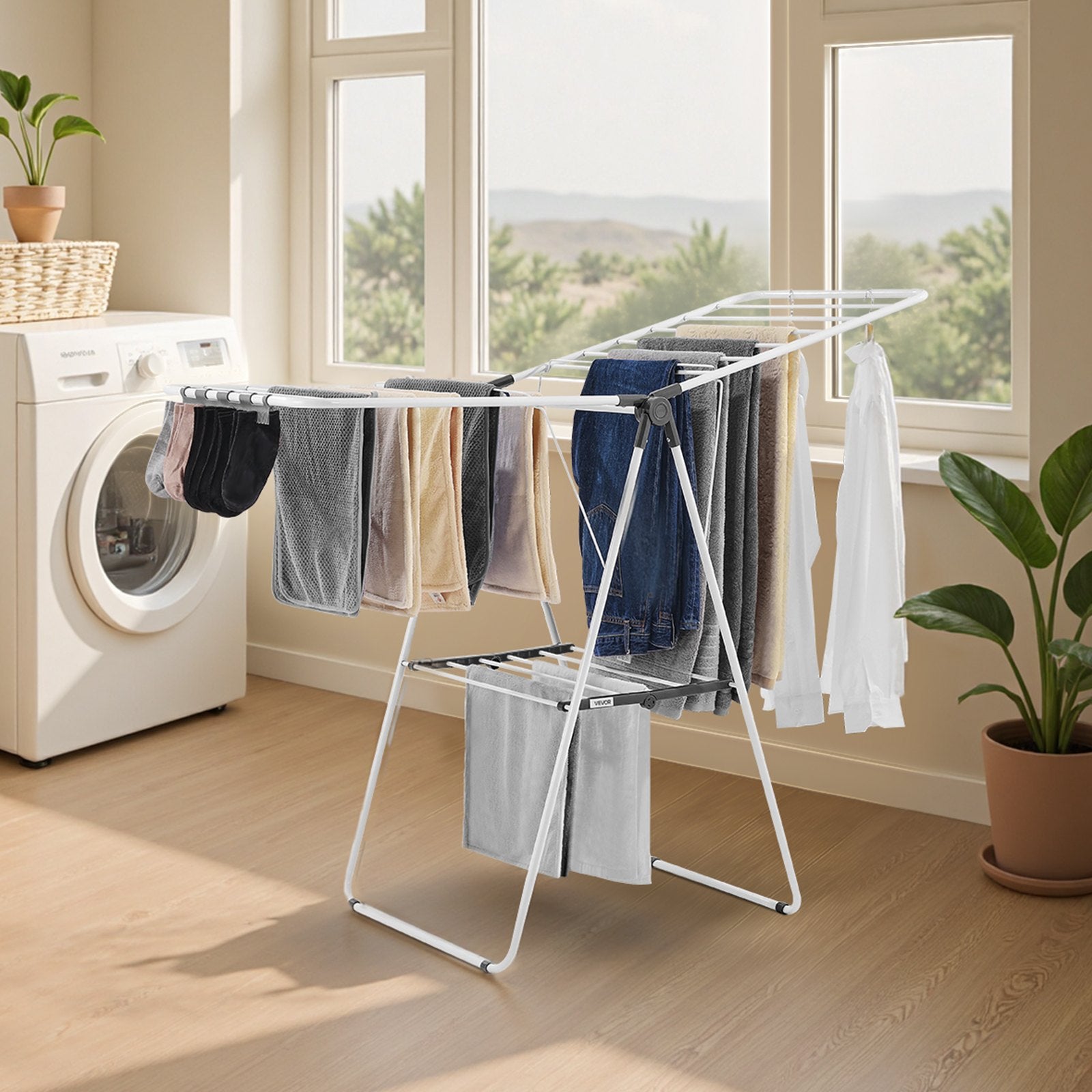 Drying Racks & Hangers: VEVOR 2-Tier Foldable Clothes Drying Rack with Sock Clips & 21 Drying Rods White