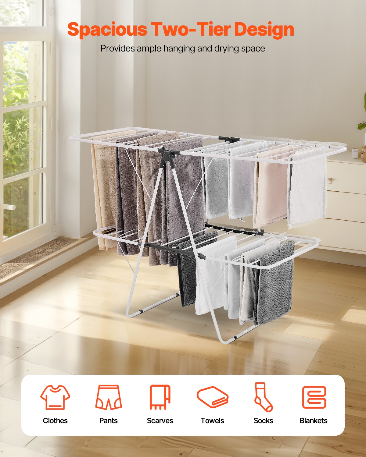 Drying Racks & Hangers: VEVOR 2-Tier Foldable Clothes Drying Rack with Sock Clips & 31 Drying Rods White