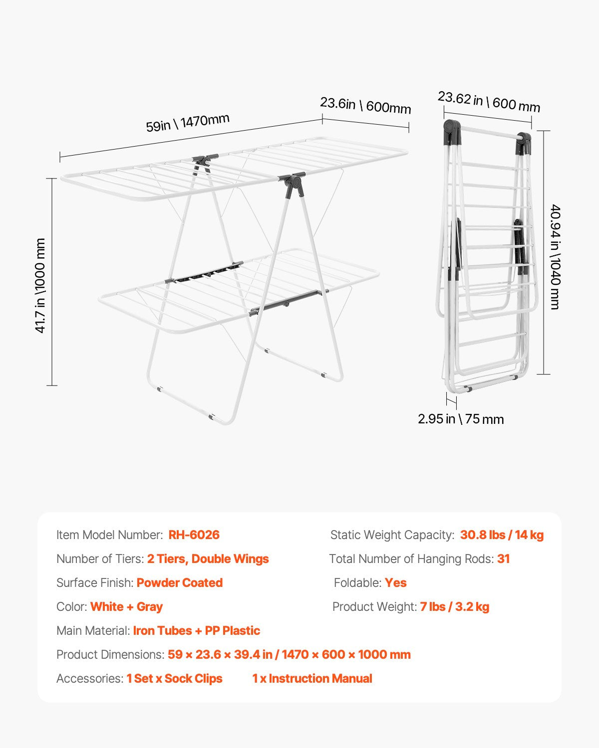 Drying Racks & Hangers: VEVOR 2-Tier Foldable Clothes Drying Rack with Sock Clips & 31 Drying Rods White