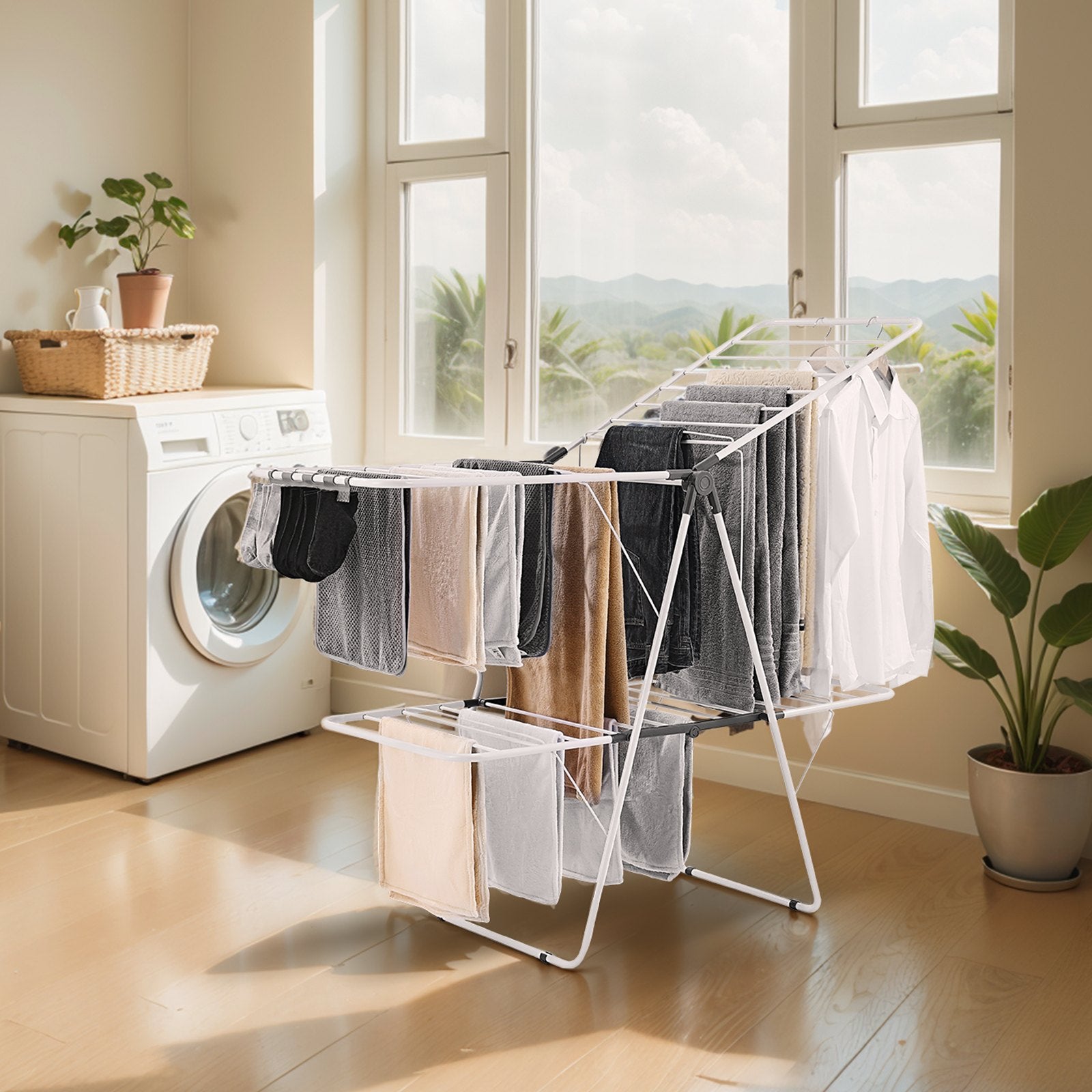 Drying Racks & Hangers: VEVOR 2-Tier Foldable Clothes Drying Rack with Sock Clips & 31 Drying Rods White