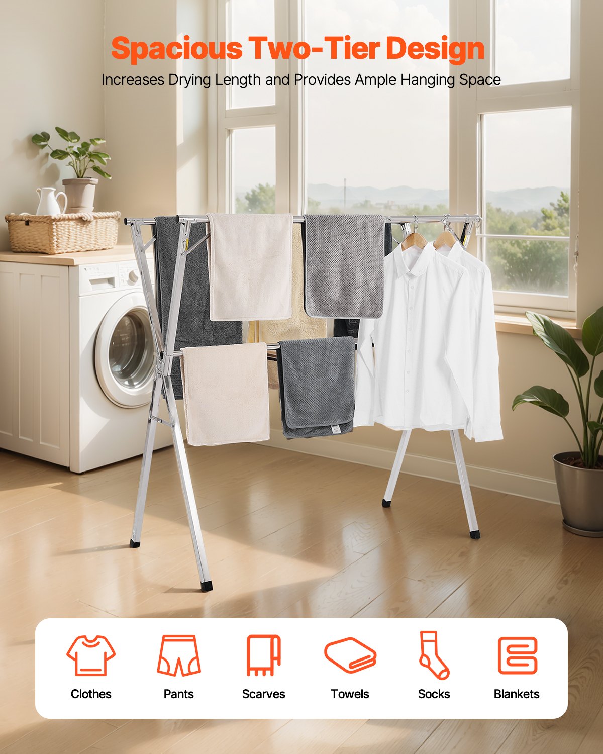 Clothing & Wardrobe Storage: VEVOR 2-Tier Telescopic Clothes Drying Rack w/ 30 Windproof Holes & 2 Shoe Hooks