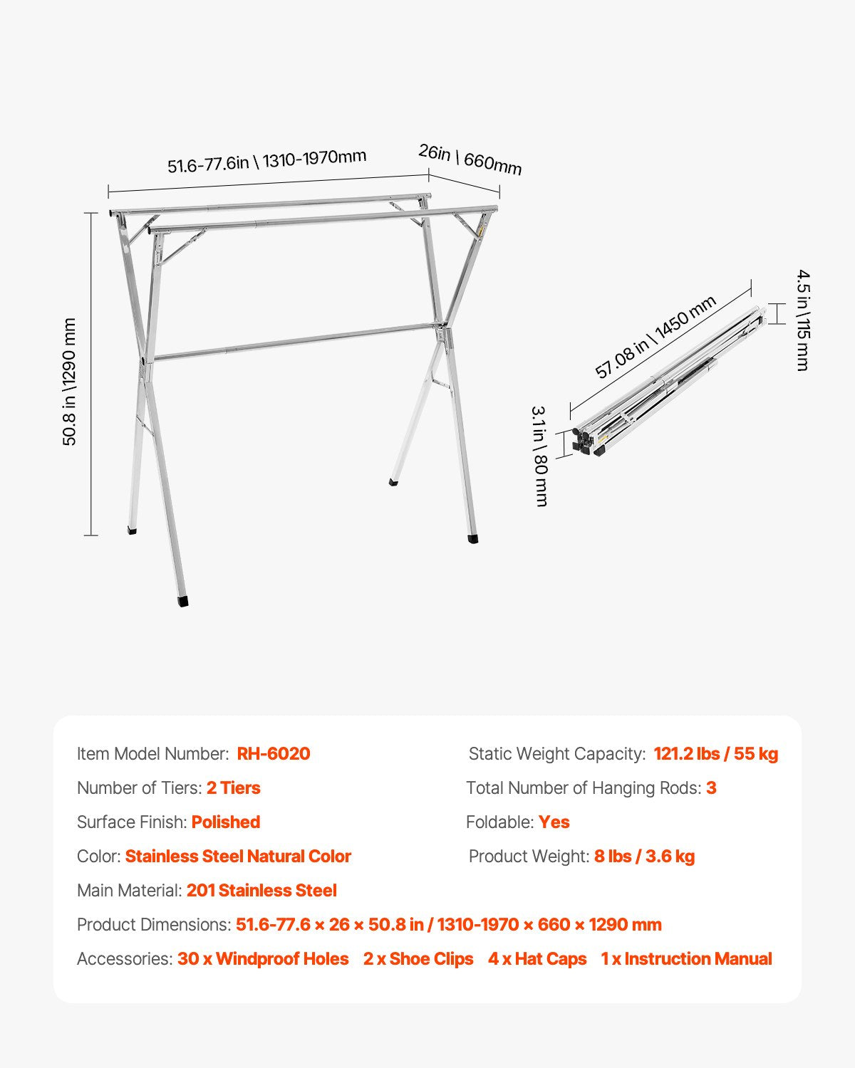 Clothing & Wardrobe Storage: VEVOR 2-Tier Telescopic Clothes Drying Rack w/ 30 Windproof Holes & 2 Shoe Hooks
